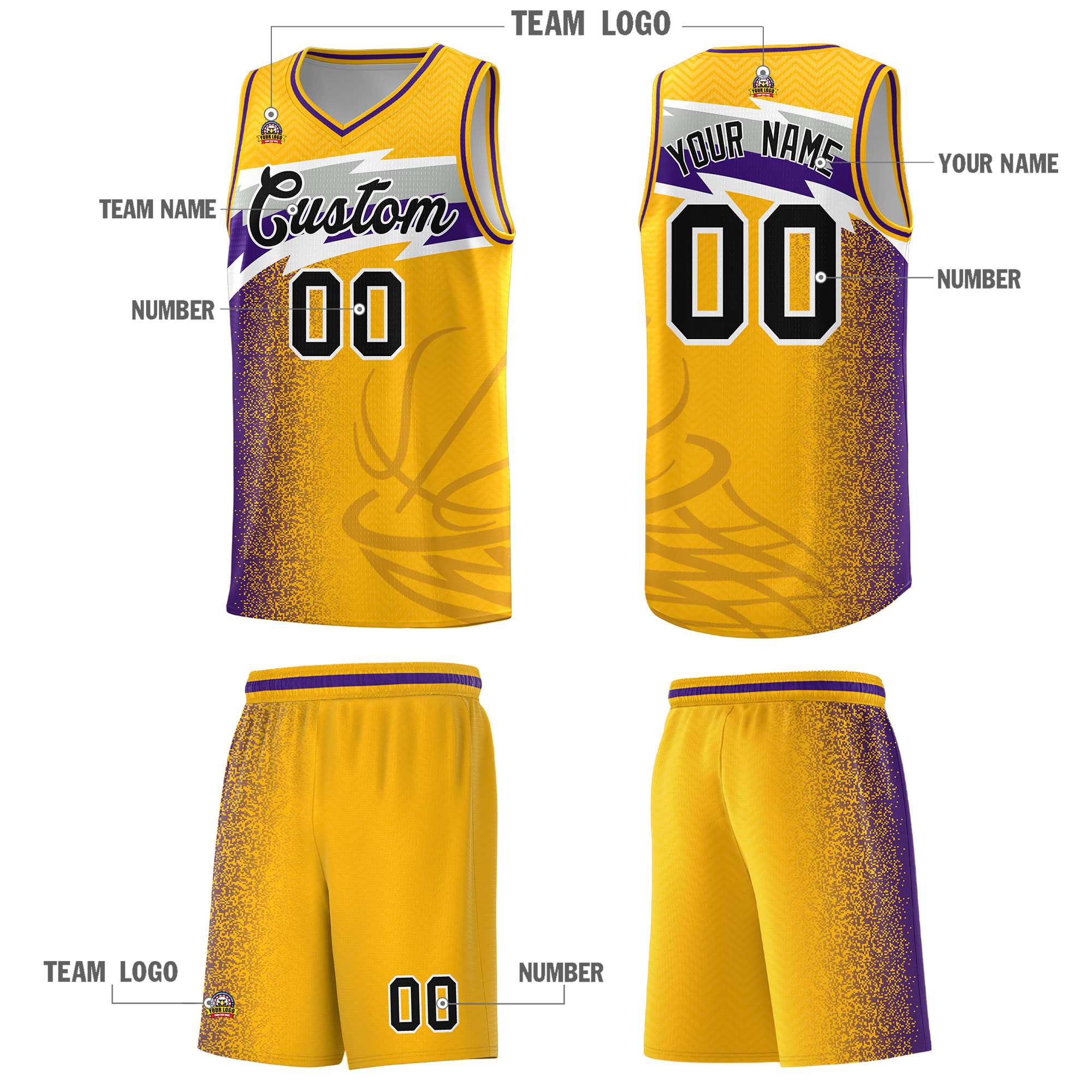 Custom Gold Dot Scatter Graffiti Pattern Sports Uniform Basketball Jersey