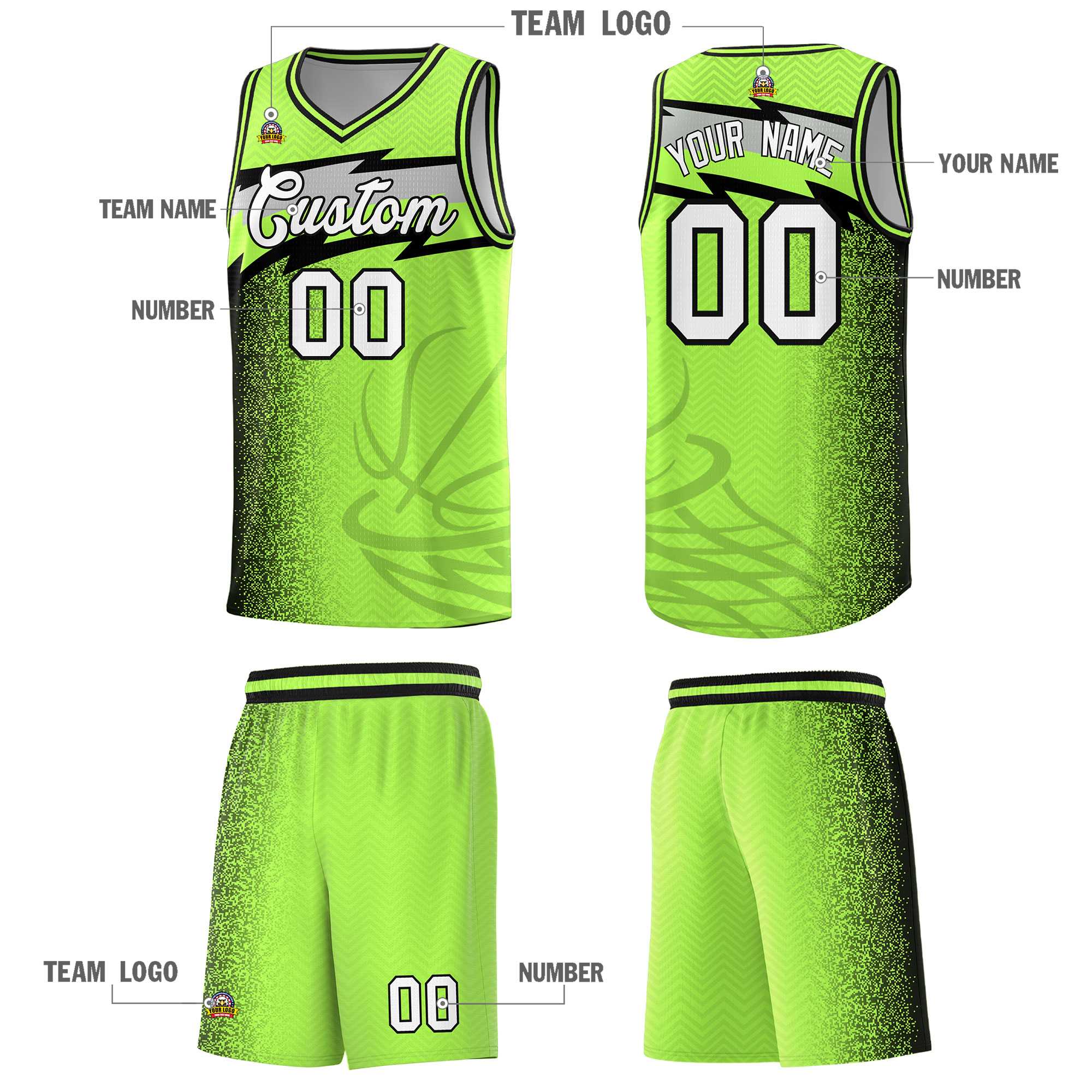 Custom Neon Green Dot Scatter Graffiti Pattern Sports Uniform Basketball Jersey