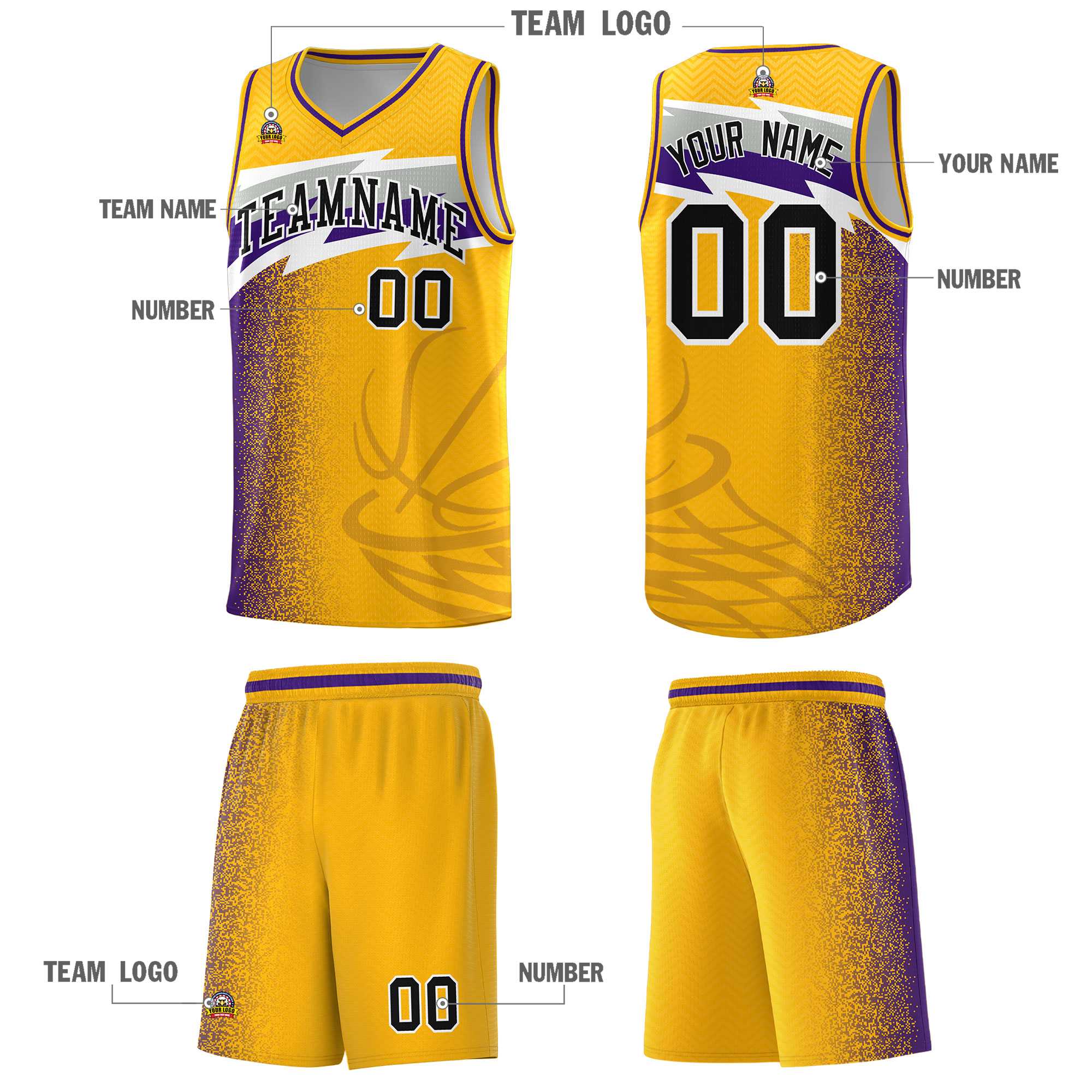 Custom Gold Dot Scatter Graffiti Pattern Sports Uniform Basketball Jersey