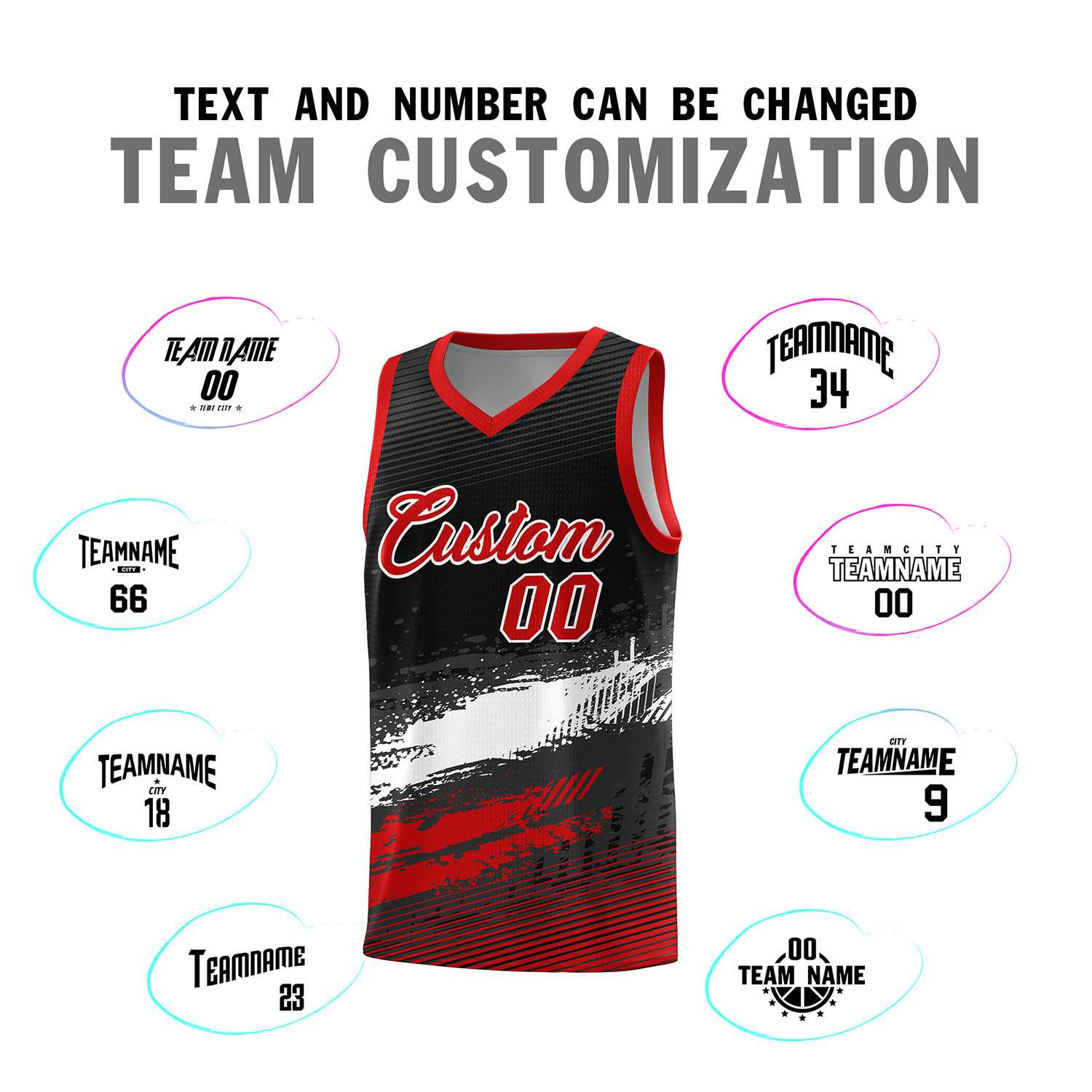 Custom Black White and Red Graffiti Pattern Sports Uniform Basketball Jersey