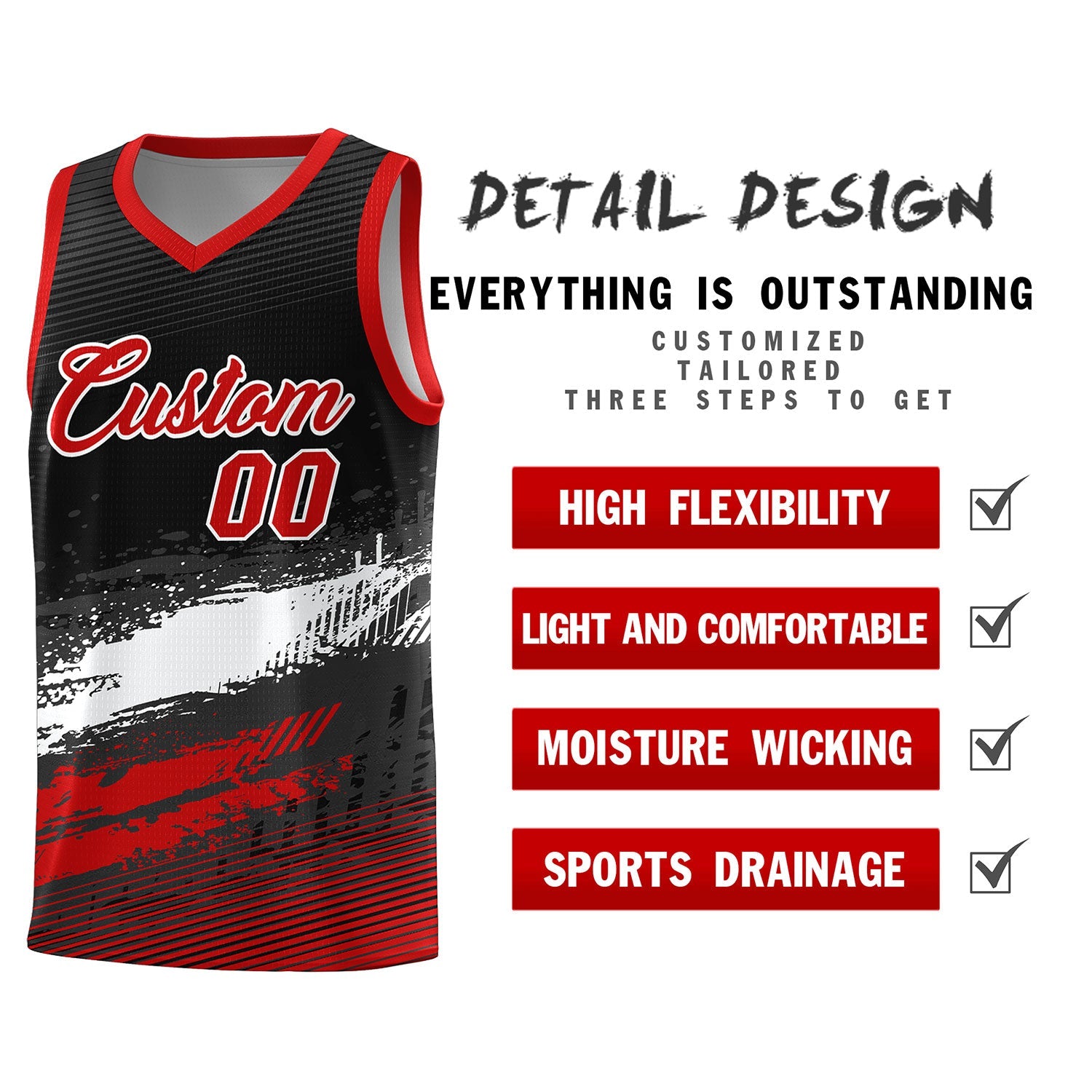 Custom Black White and Red Graffiti Pattern Sports Uniform Basketball Jersey