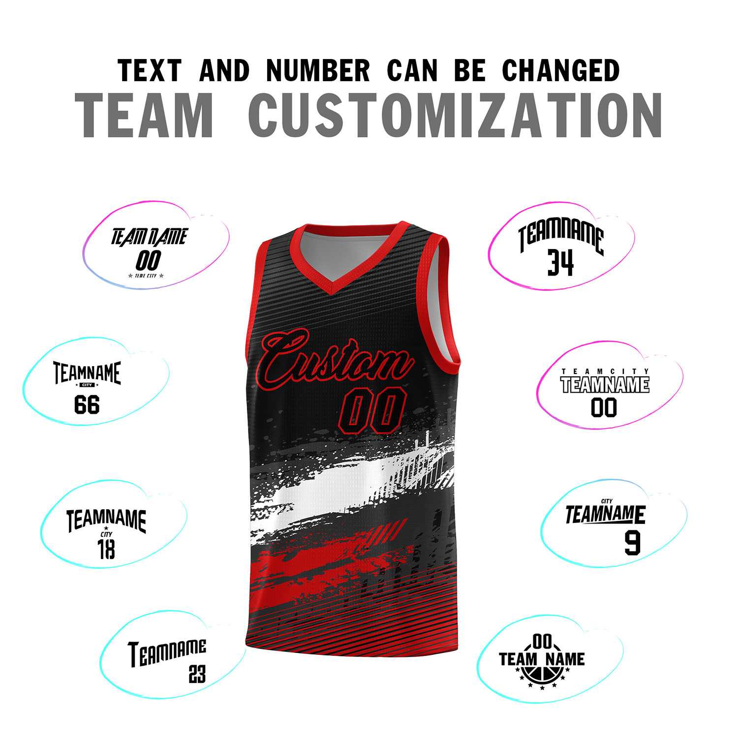 Custom Black White and Red Graffiti Pattern Sports Uniform Basketball Jersey