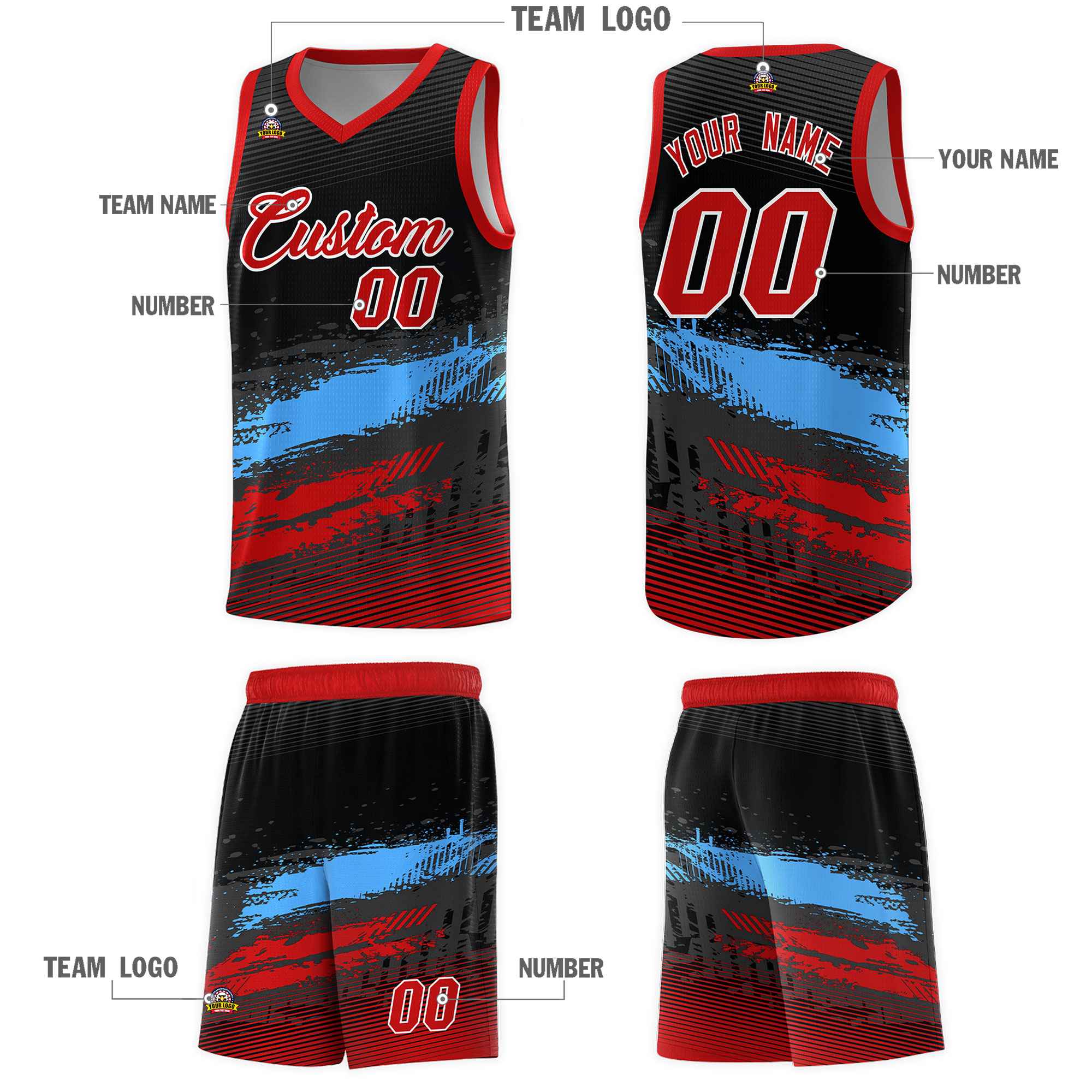 Custom Black Powder Blue and Red Graffiti Pattern Sports Uniform Basketball Jersey