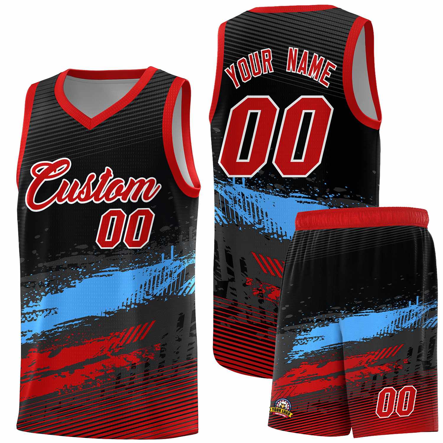 Custom Black Powder Blue and Red Graffiti Pattern Sports Uniform Basketball Jersey