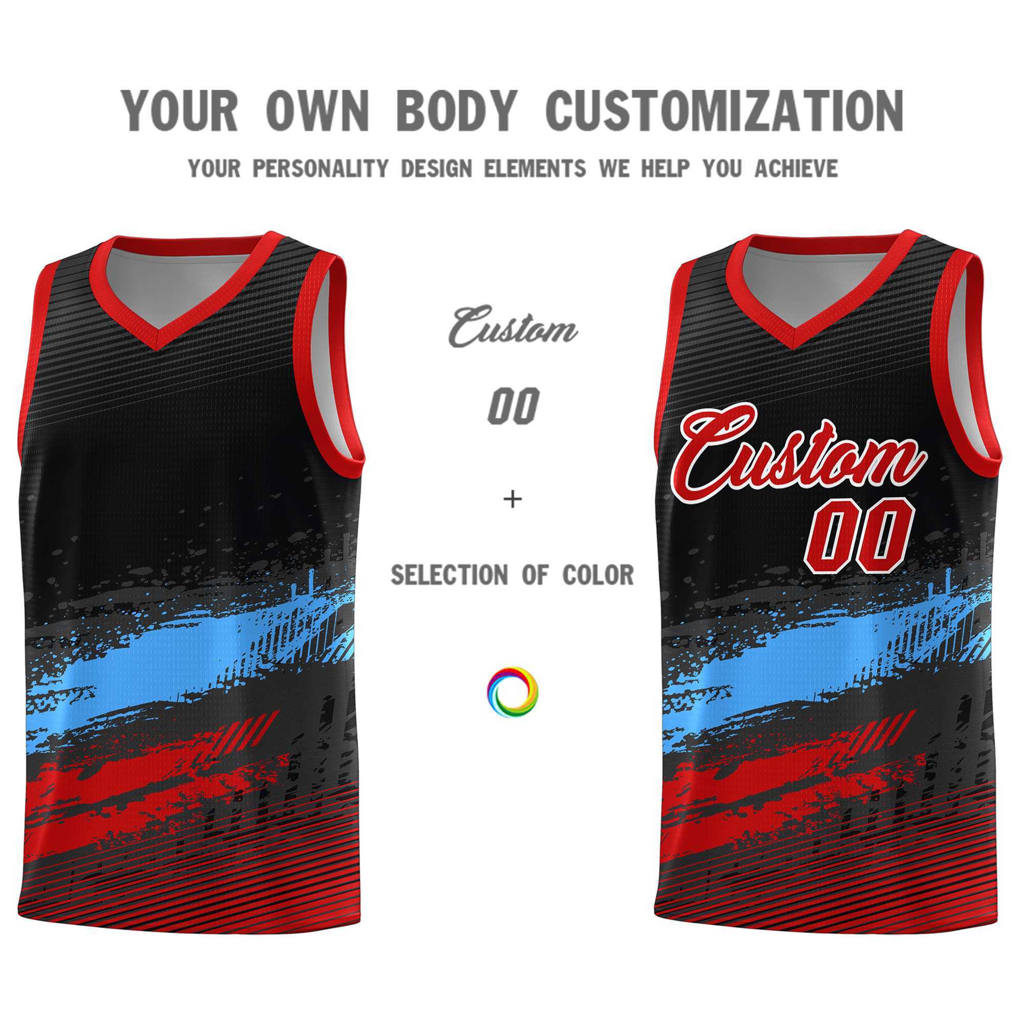 Custom Black Powder Blue and Red Graffiti Pattern Sports Uniform Basketball Jersey