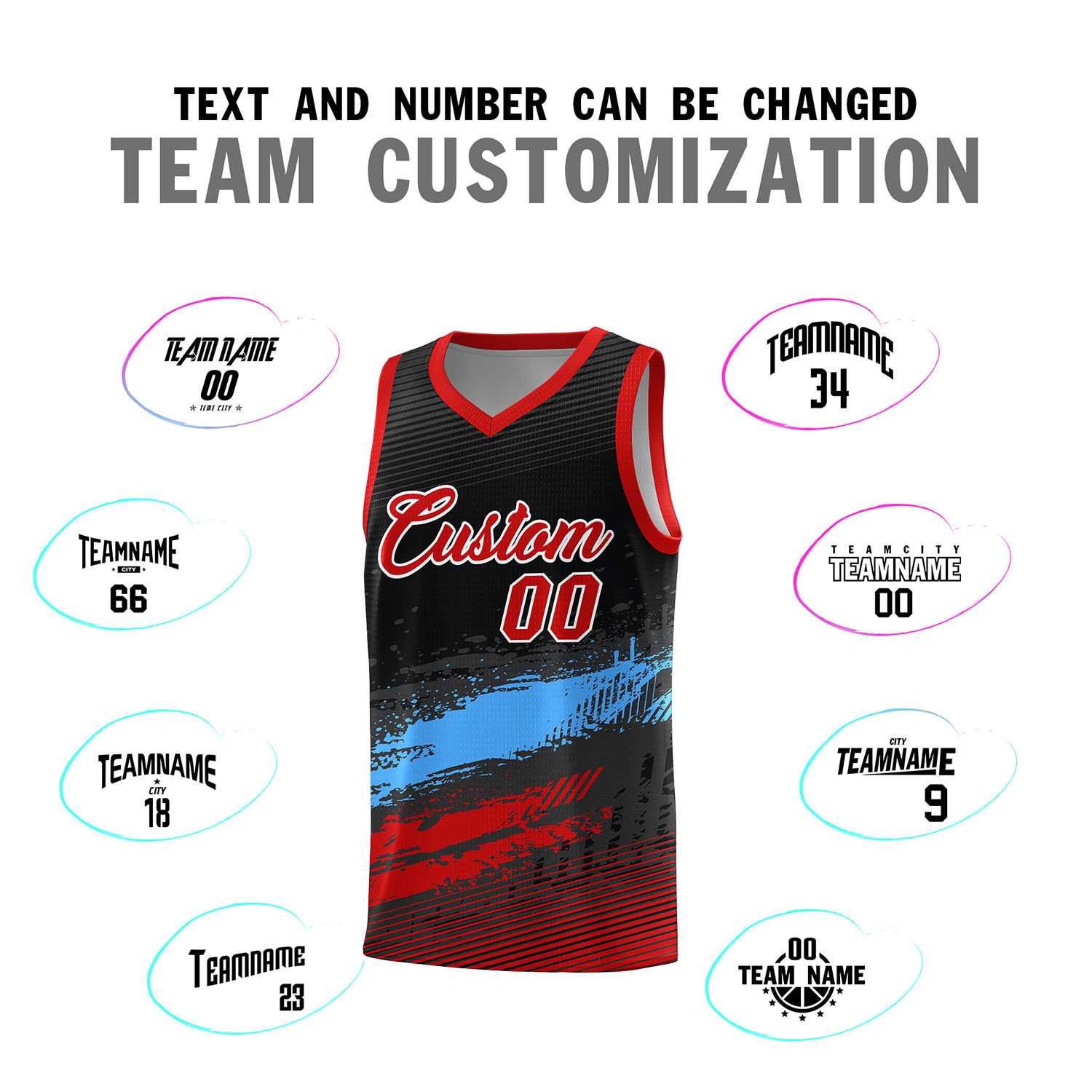 Custom Black Powder Blue and Red Graffiti Pattern Sports Uniform Basketball Jersey