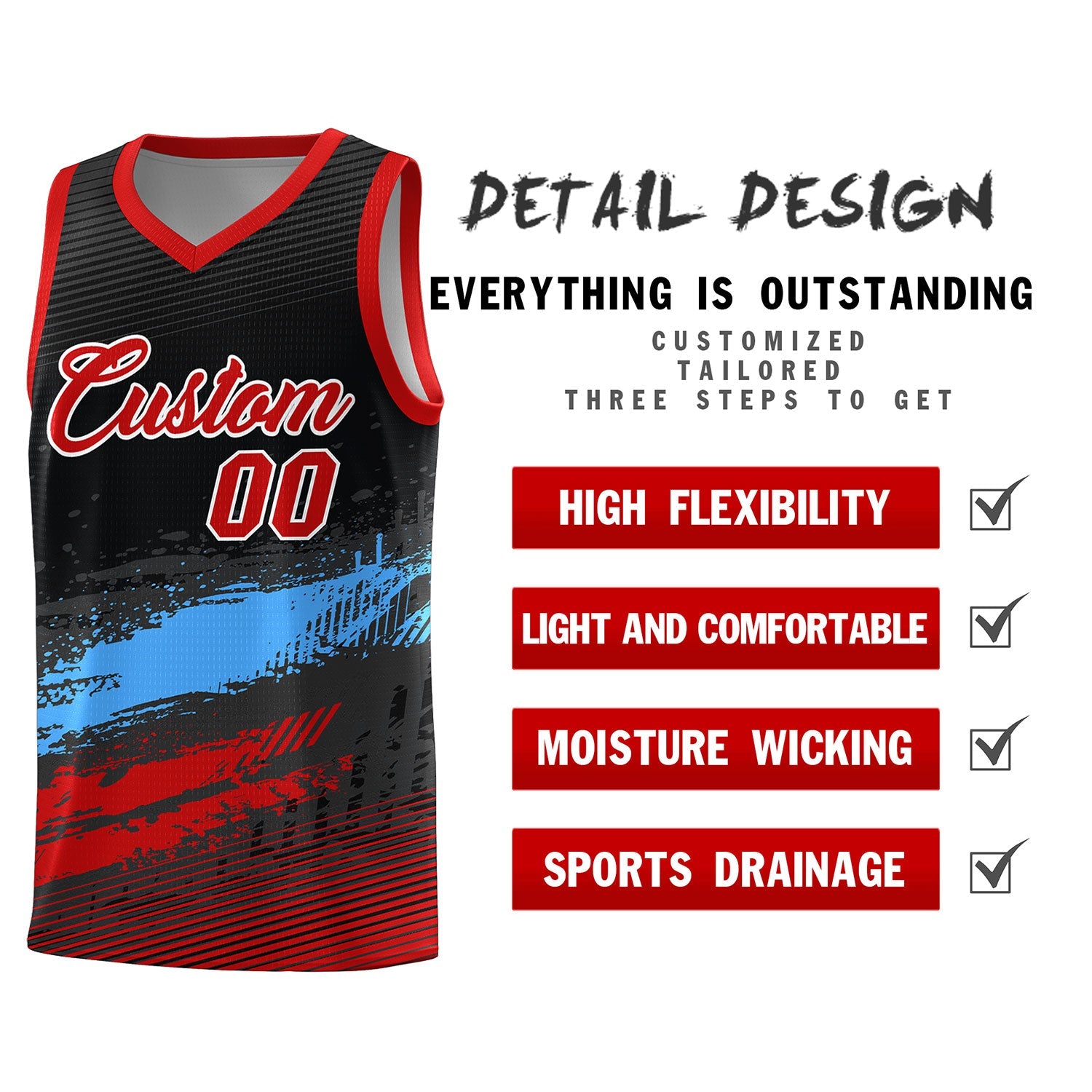 Custom Black Powder Blue and Red Graffiti Pattern Sports Uniform Basketball Jersey