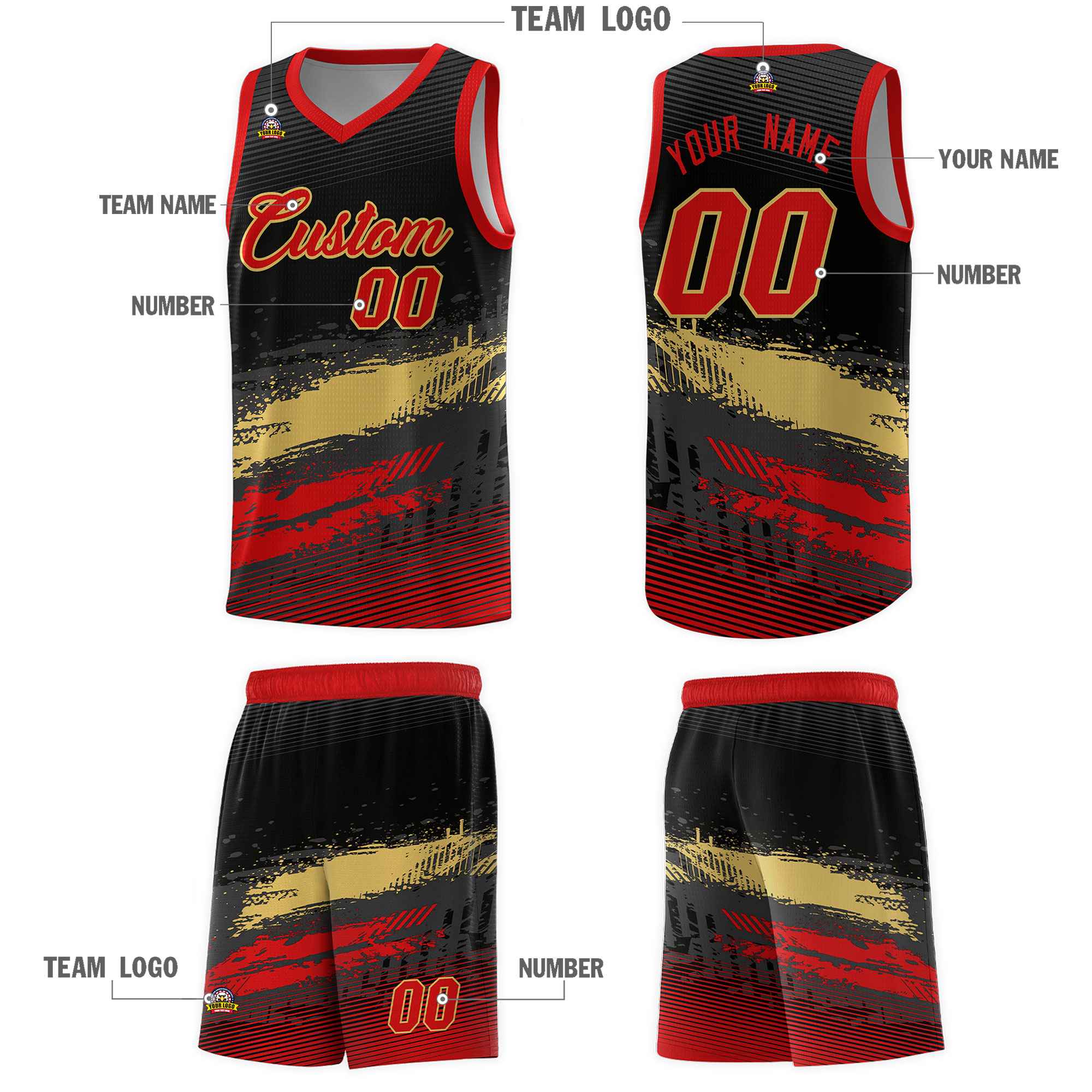 Custom Black Khaki and Red Graffiti Pattern Sports Uniform Basketball Jersey