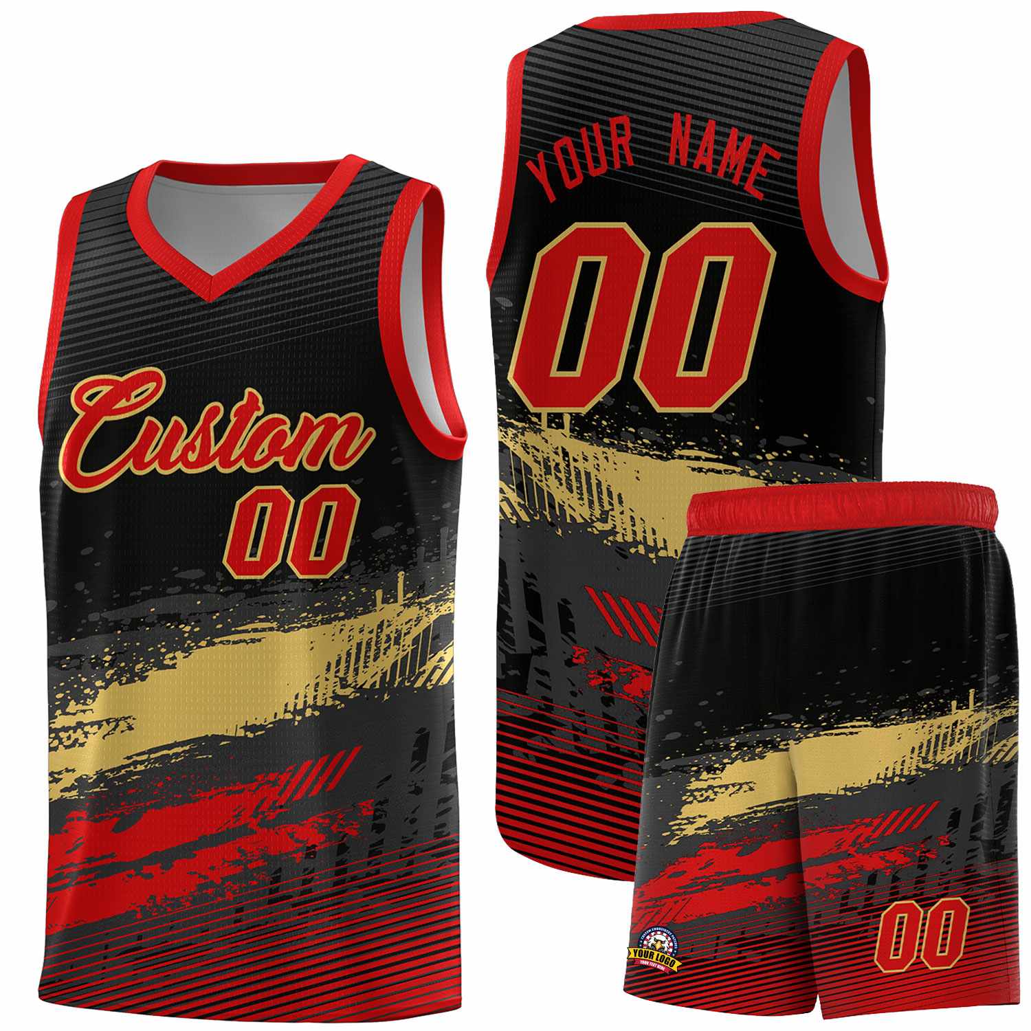 Custom Black Khaki and Red Graffiti Pattern Sports Uniform Basketball Jersey