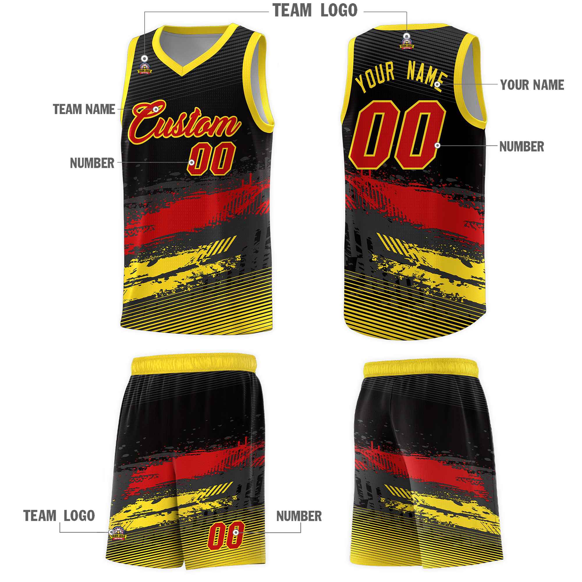 Custom Black Red and Gold Graffiti Pattern Sports Uniform Basketball Jersey