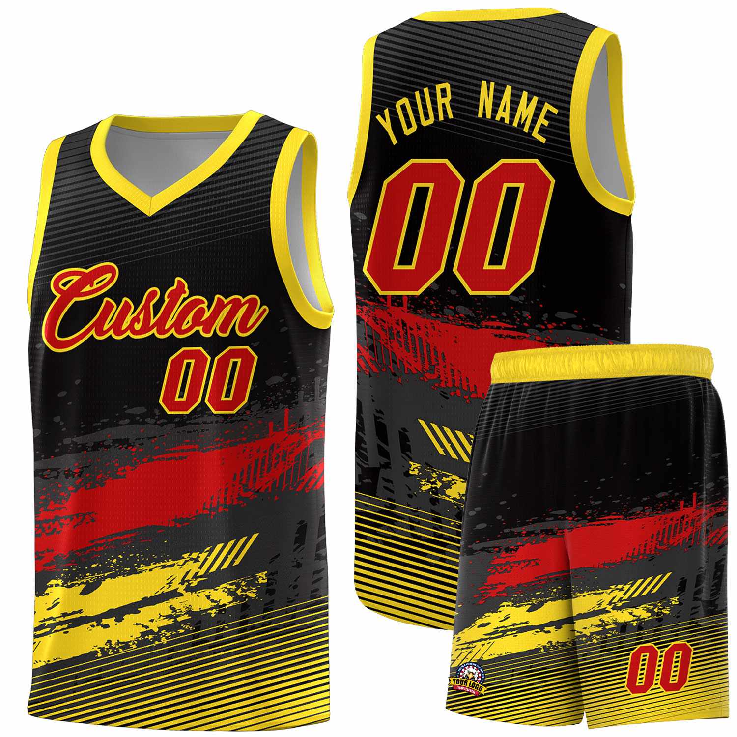 Custom Black Red and Gold Graffiti Pattern Sports Uniform Basketball Jersey