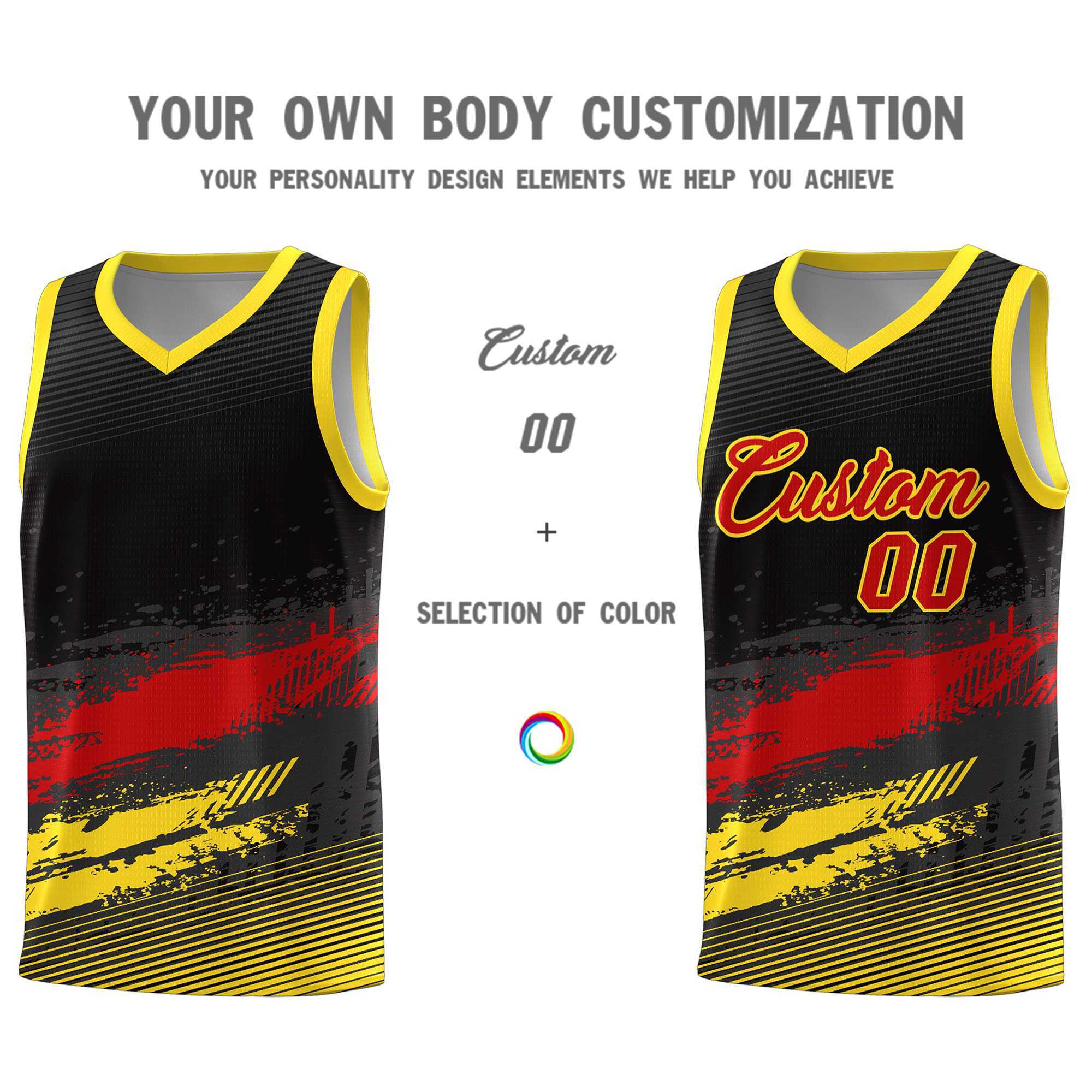 Custom Black Red and Gold Graffiti Pattern Sports Uniform Basketball Jersey