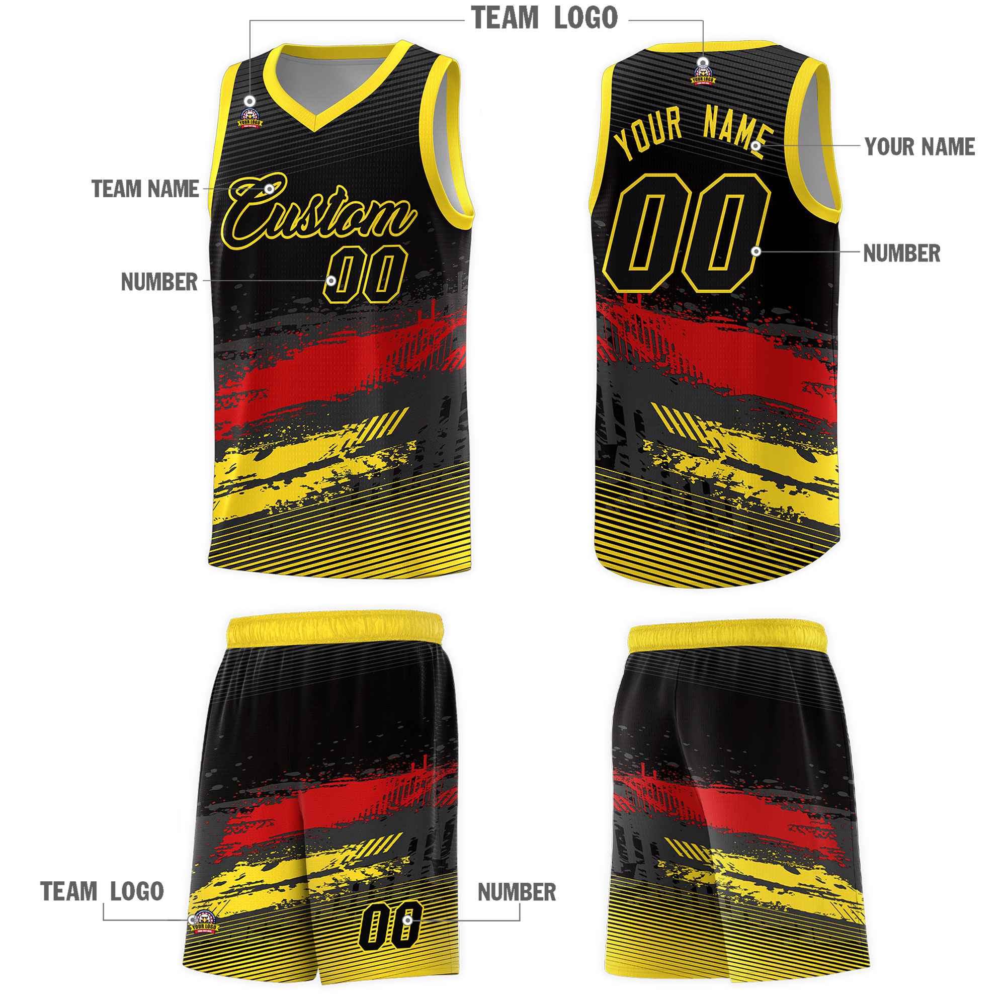 Custom Black Red and Gold Graffiti Pattern Sports Uniform Basketball Jersey