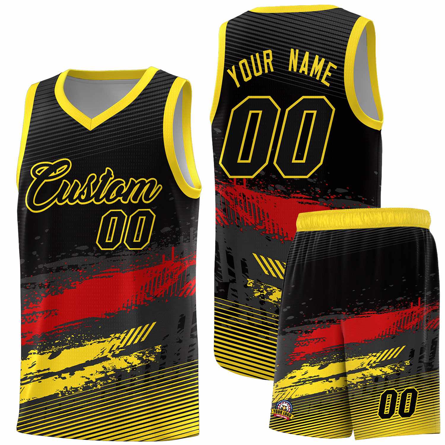 Custom Black Red and Gold Graffiti Pattern Sports Uniform Basketball Jersey