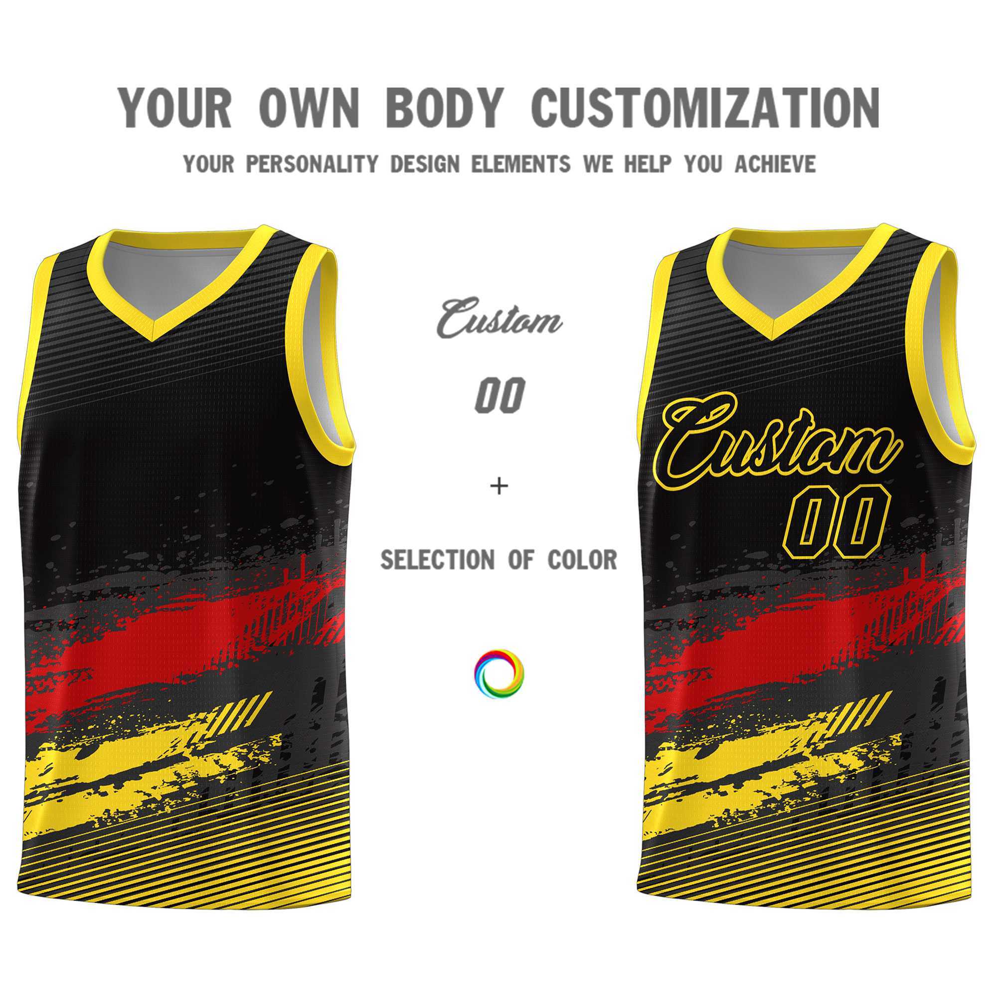 Custom Black Red and Gold Graffiti Pattern Sports Uniform Basketball Jersey