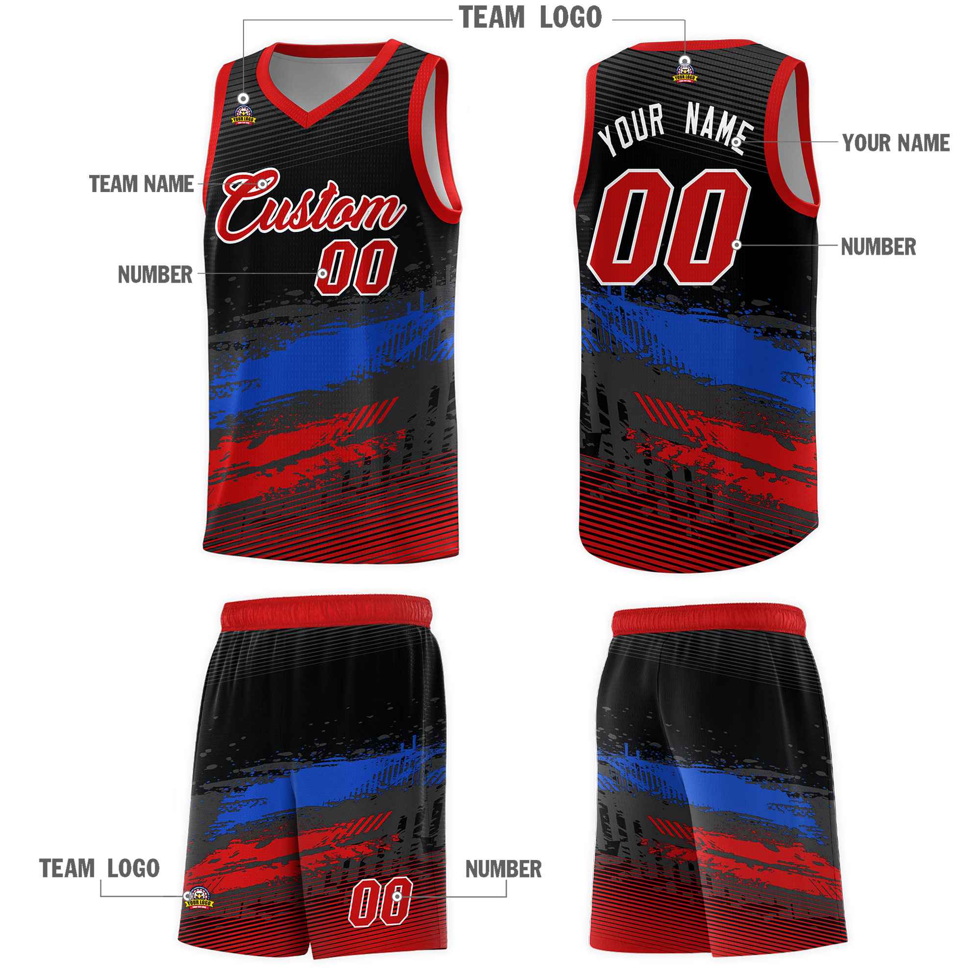 Custom Black Royal and Red Graffiti Pattern Sports Uniform Basketball Jersey