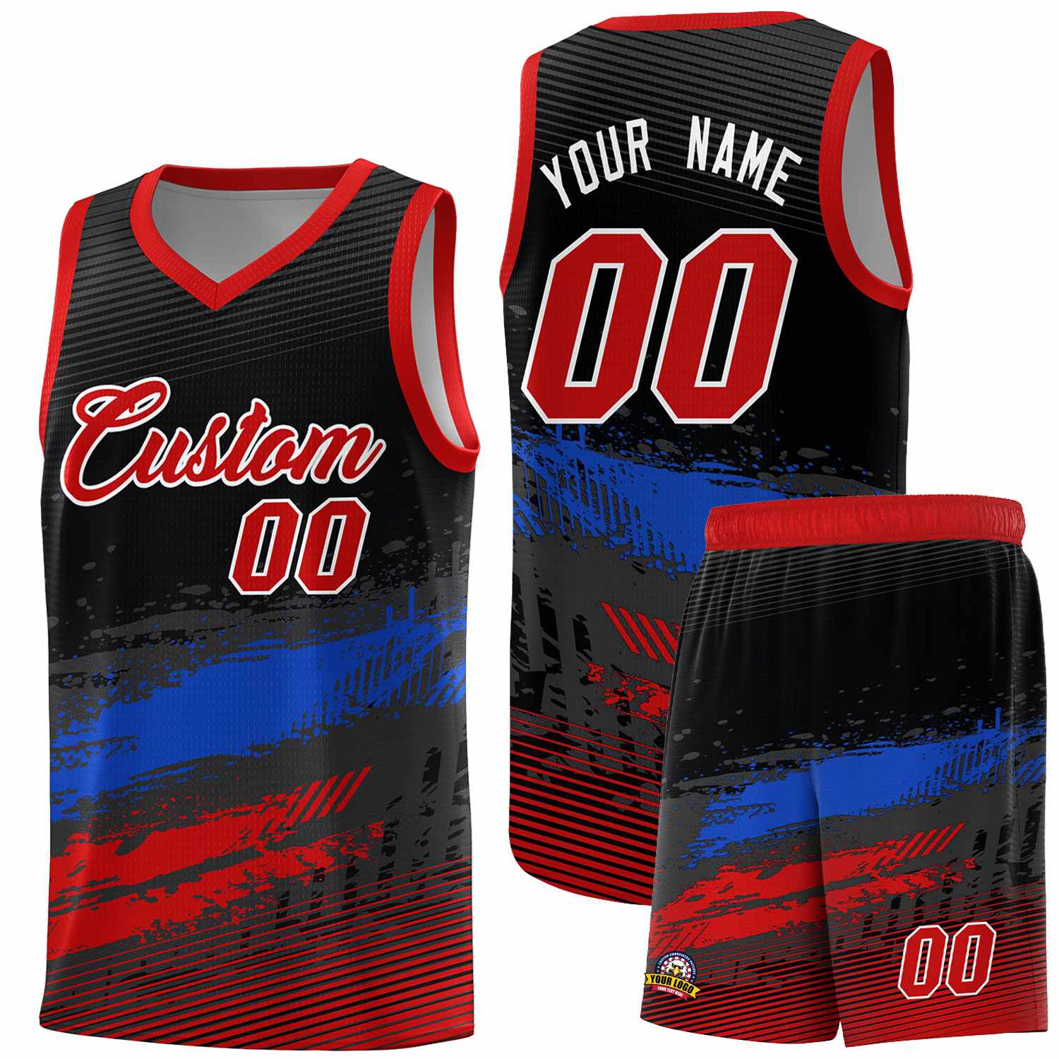 Custom Black Royal and Red Graffiti Pattern Sports Uniform Basketball Jersey