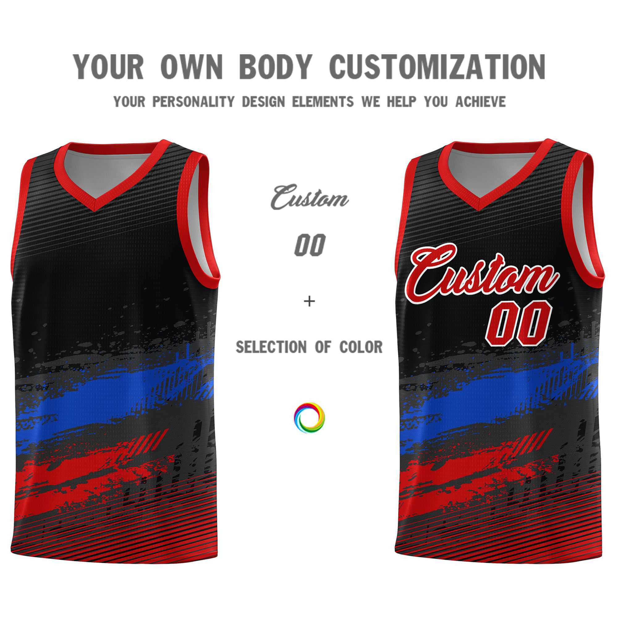 Custom Black Royal and Red Graffiti Pattern Sports Uniform Basketball Jersey