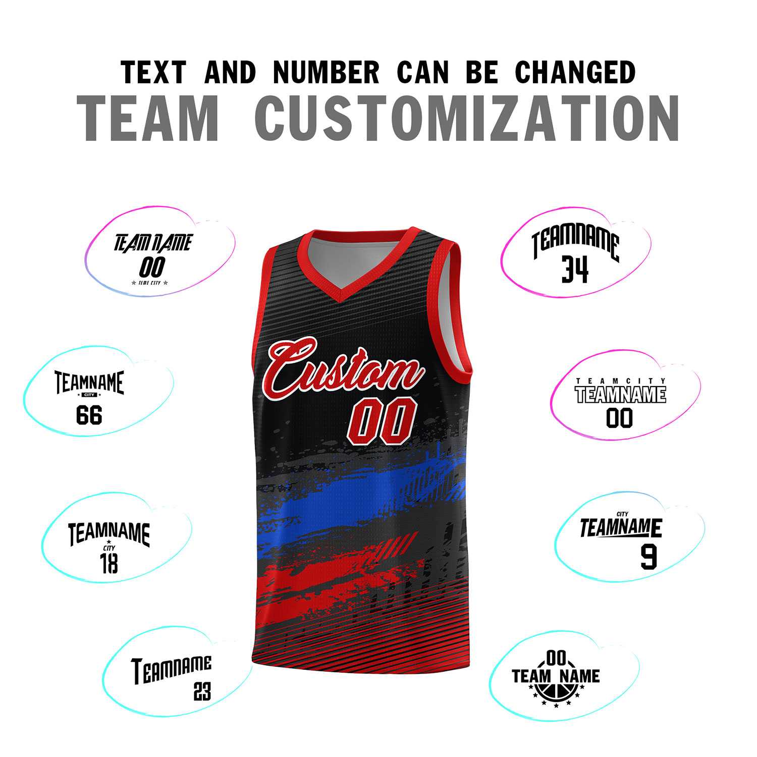 Custom Black Royal and Red Graffiti Pattern Sports Uniform Basketball Jersey