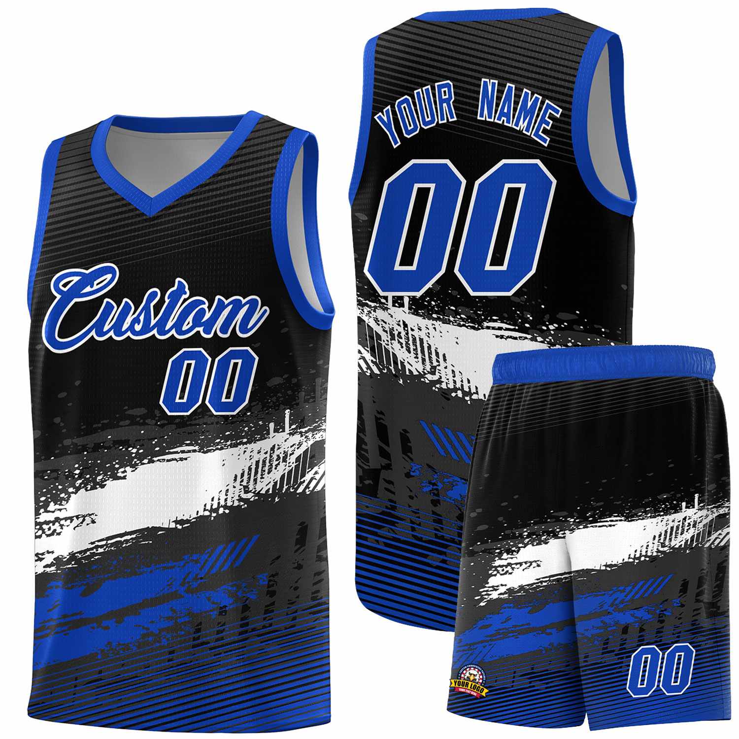 Custom Black White and Royal Graffiti Pattern Sports Uniform Basketball Jersey