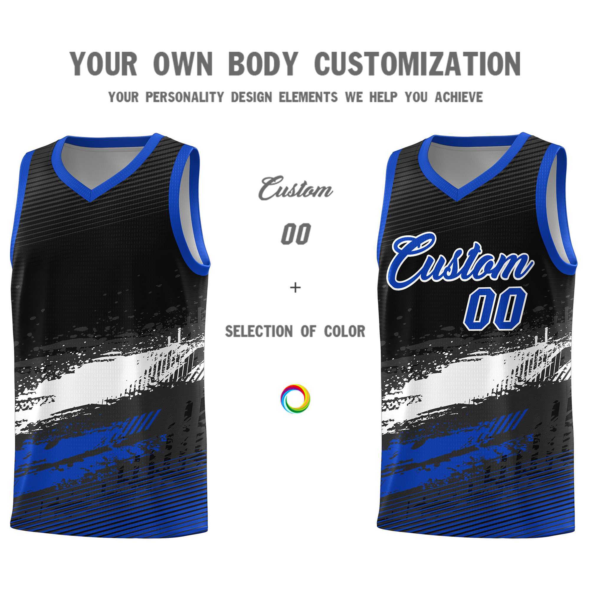 Custom Black White and Royal Graffiti Pattern Sports Uniform Basketball Jersey