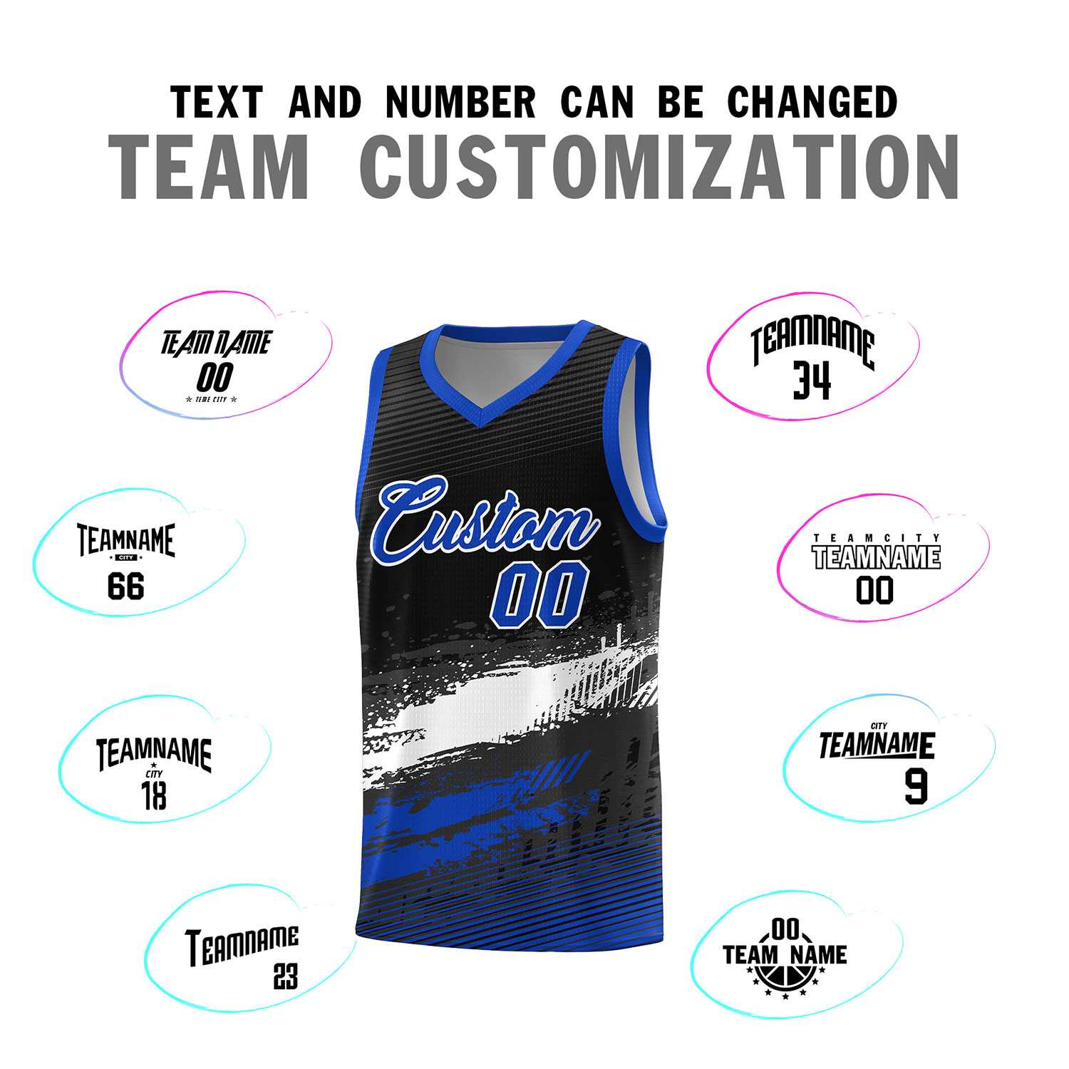 Custom Black White and Royal Graffiti Pattern Sports Uniform Basketball Jersey