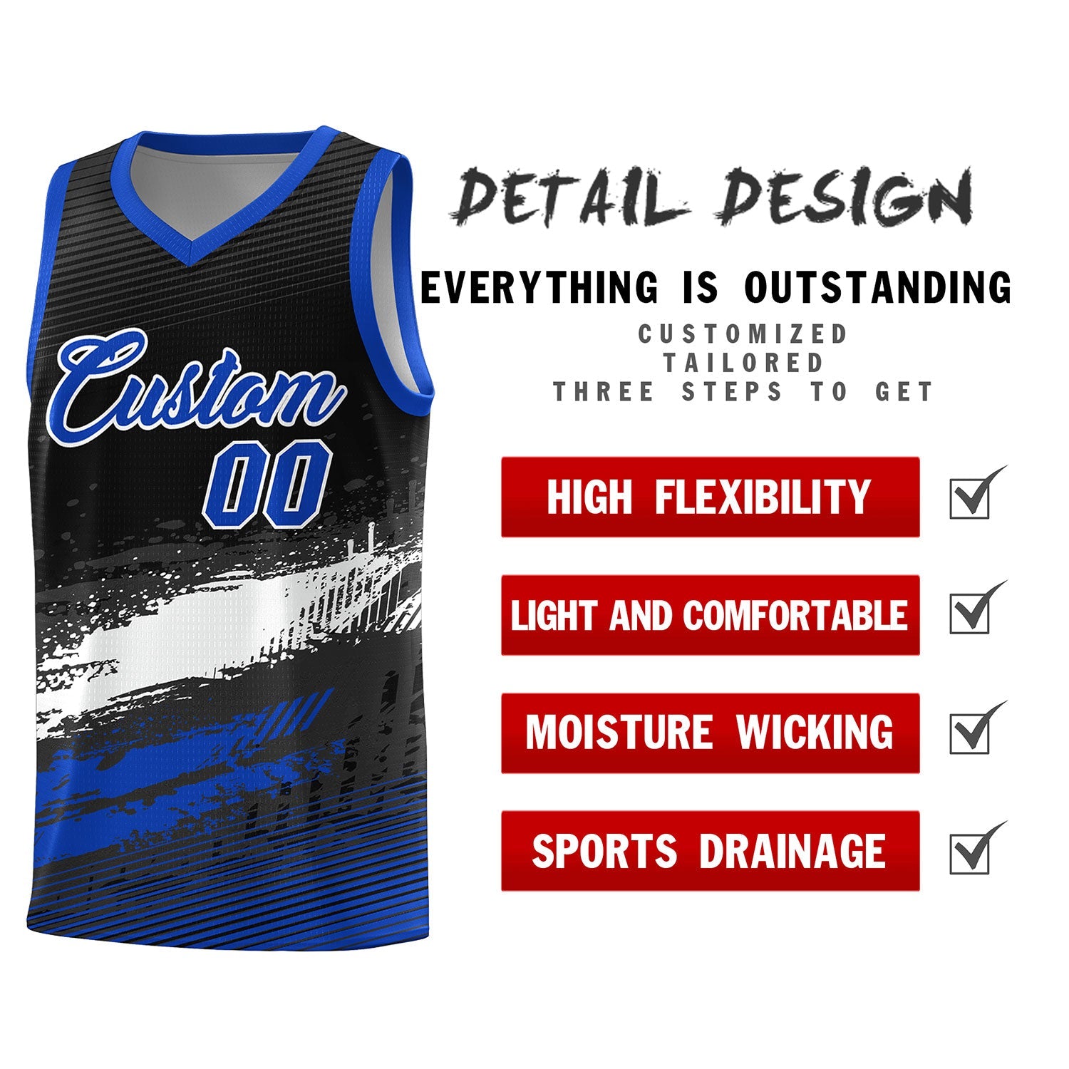 Custom Black White and Royal Graffiti Pattern Sports Uniform Basketball Jersey