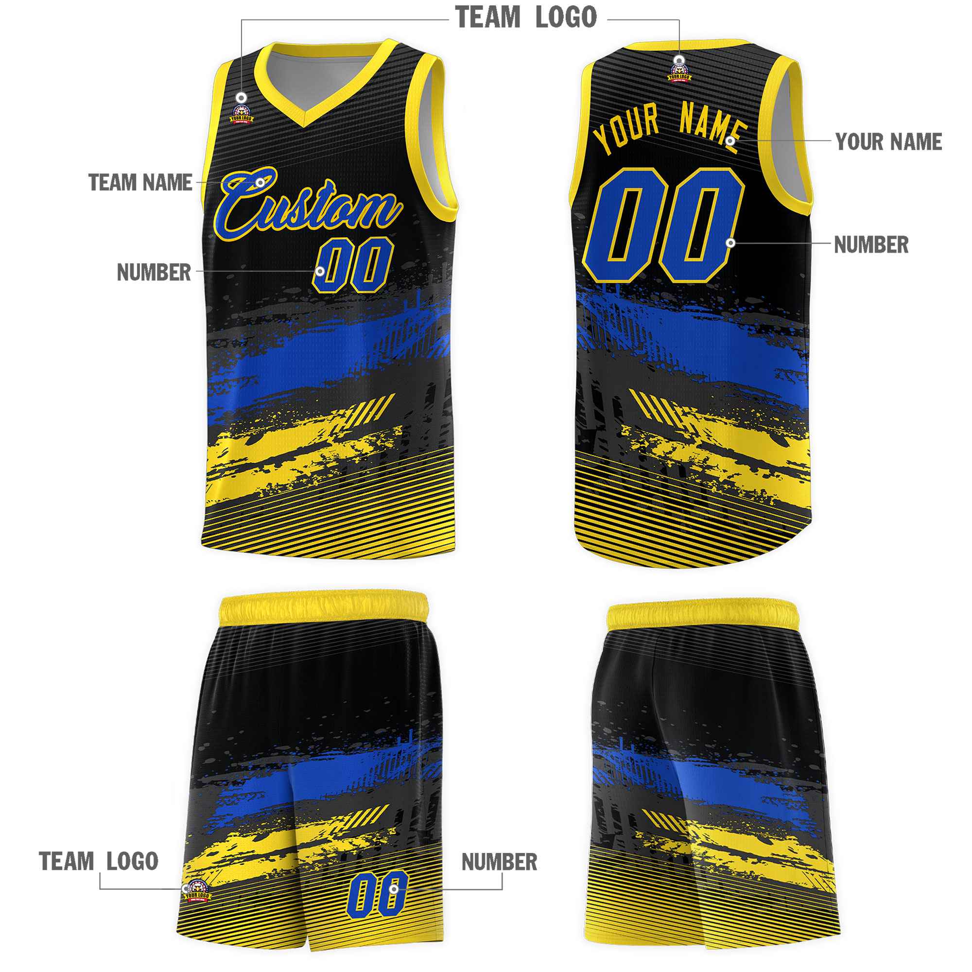 Custom Black Royal and Gold Graffiti Pattern Sports Uniform Basketball Jersey