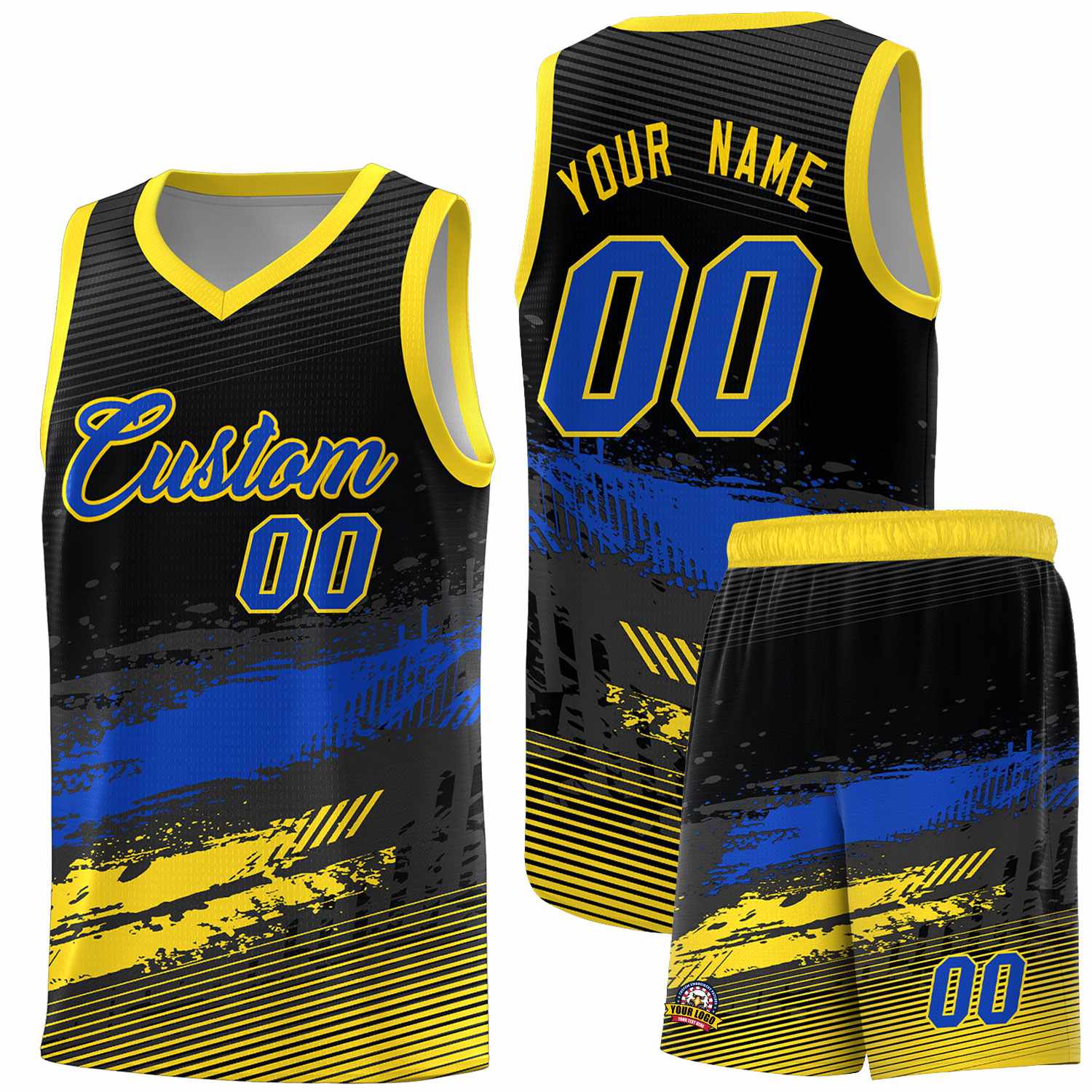 Custom Black Royal and Gold Graffiti Pattern Sports Uniform Basketball Jersey