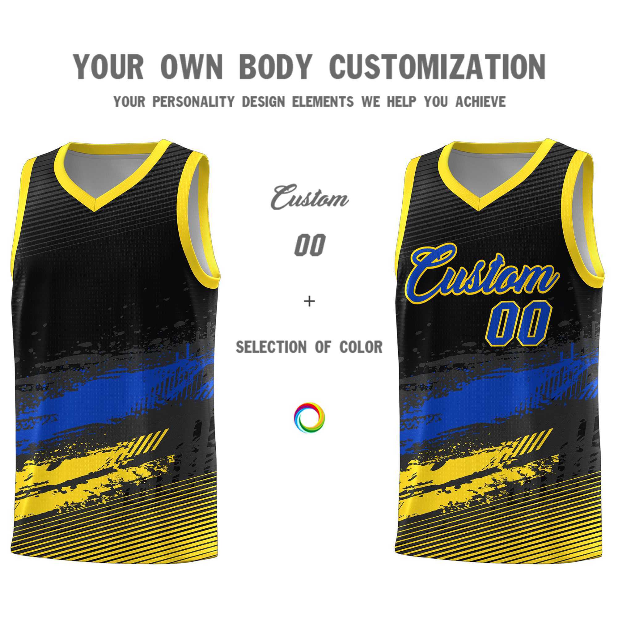 Custom Black Royal and Gold Graffiti Pattern Sports Uniform Basketball Jersey