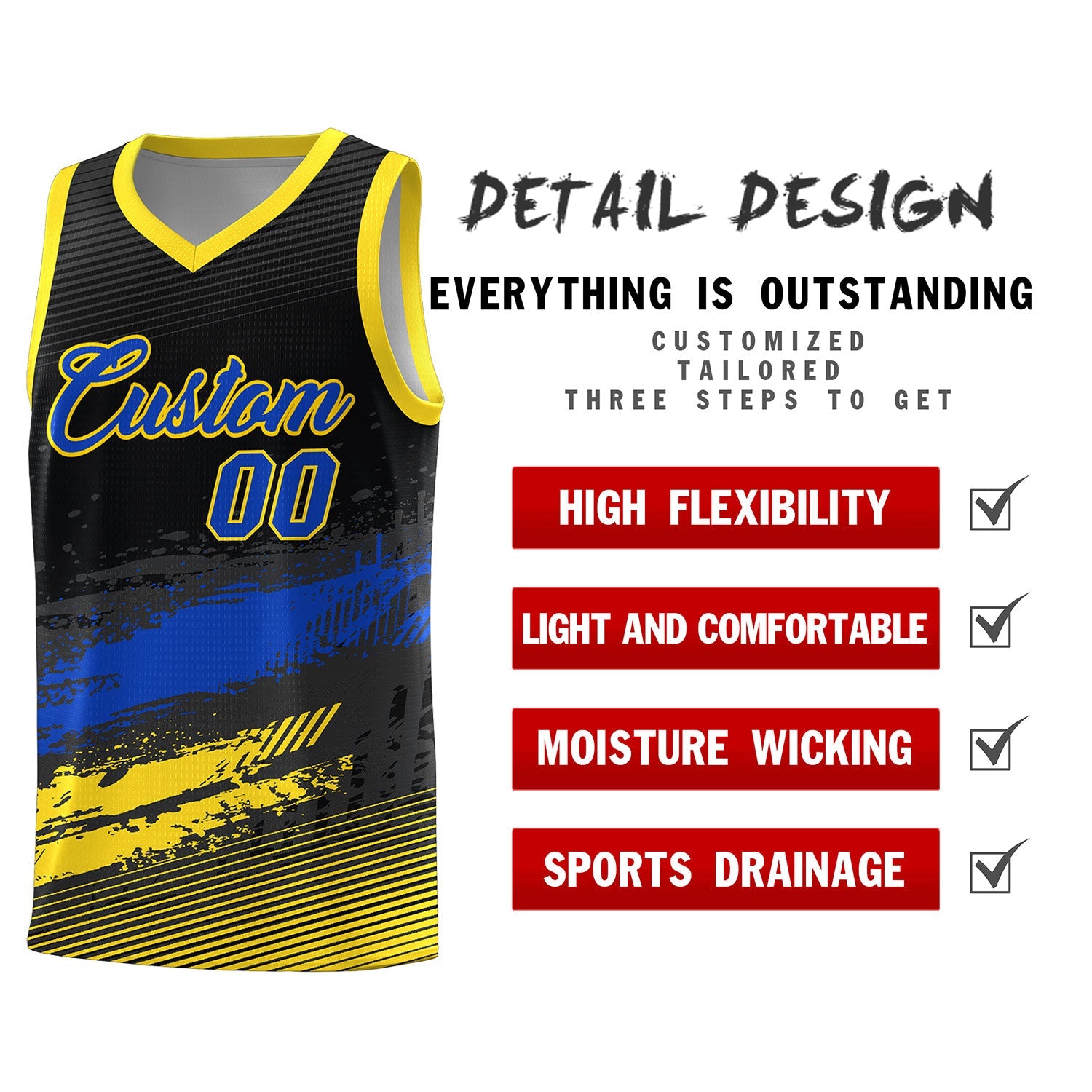 Custom Black Royal and Gold Graffiti Pattern Sports Uniform Basketball Jersey