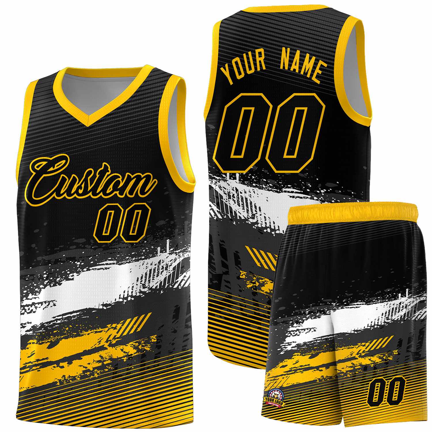 Custom Black White and Yellow Graffiti Pattern Sports Uniform Basketball Jersey