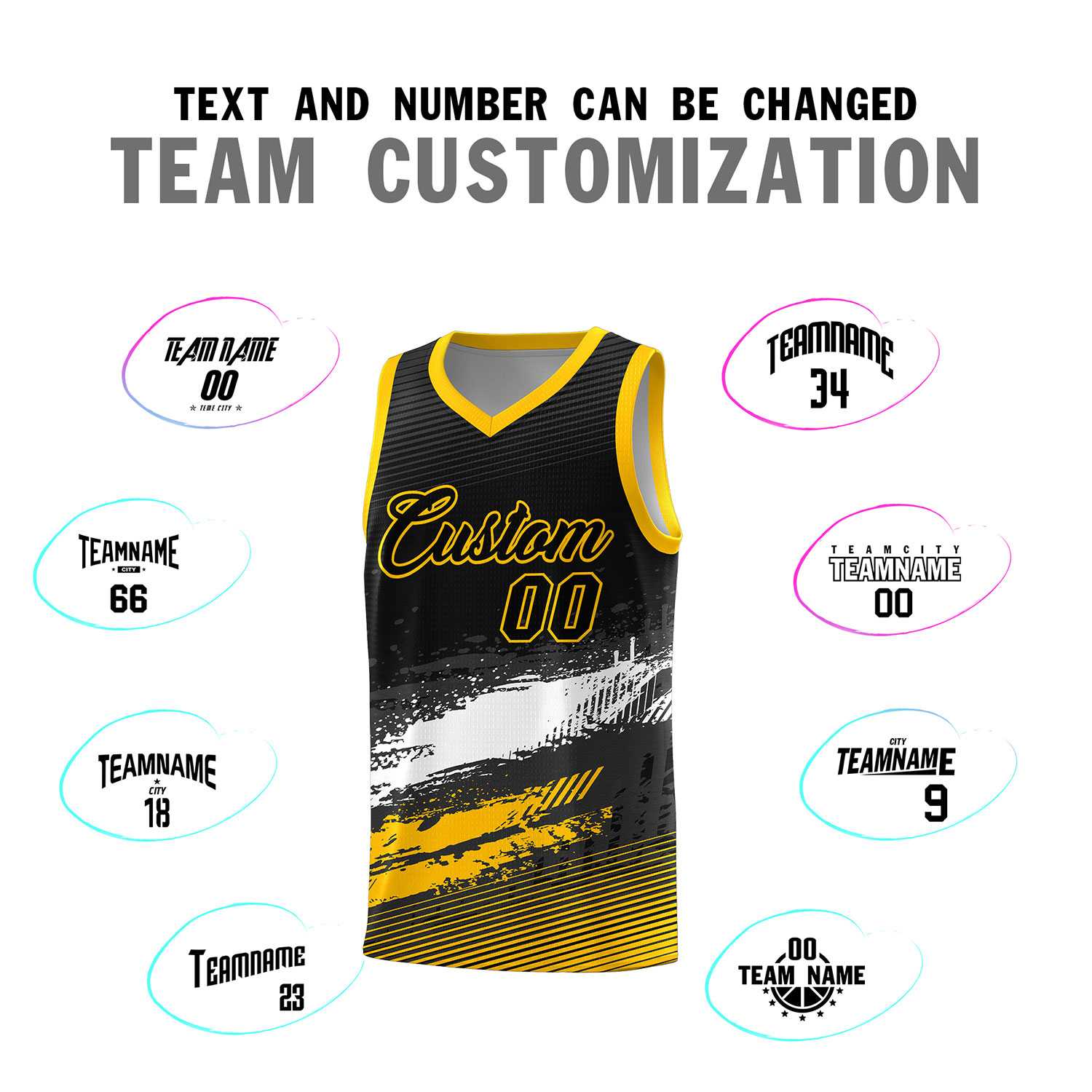 Custom Black White and Yellow Graffiti Pattern Sports Uniform Basketball Jersey