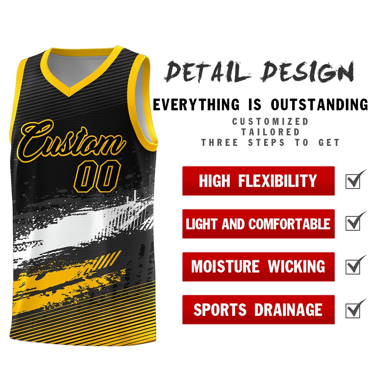 Custom Black White and Yellow Graffiti Pattern Sports Uniform Basketball Jersey