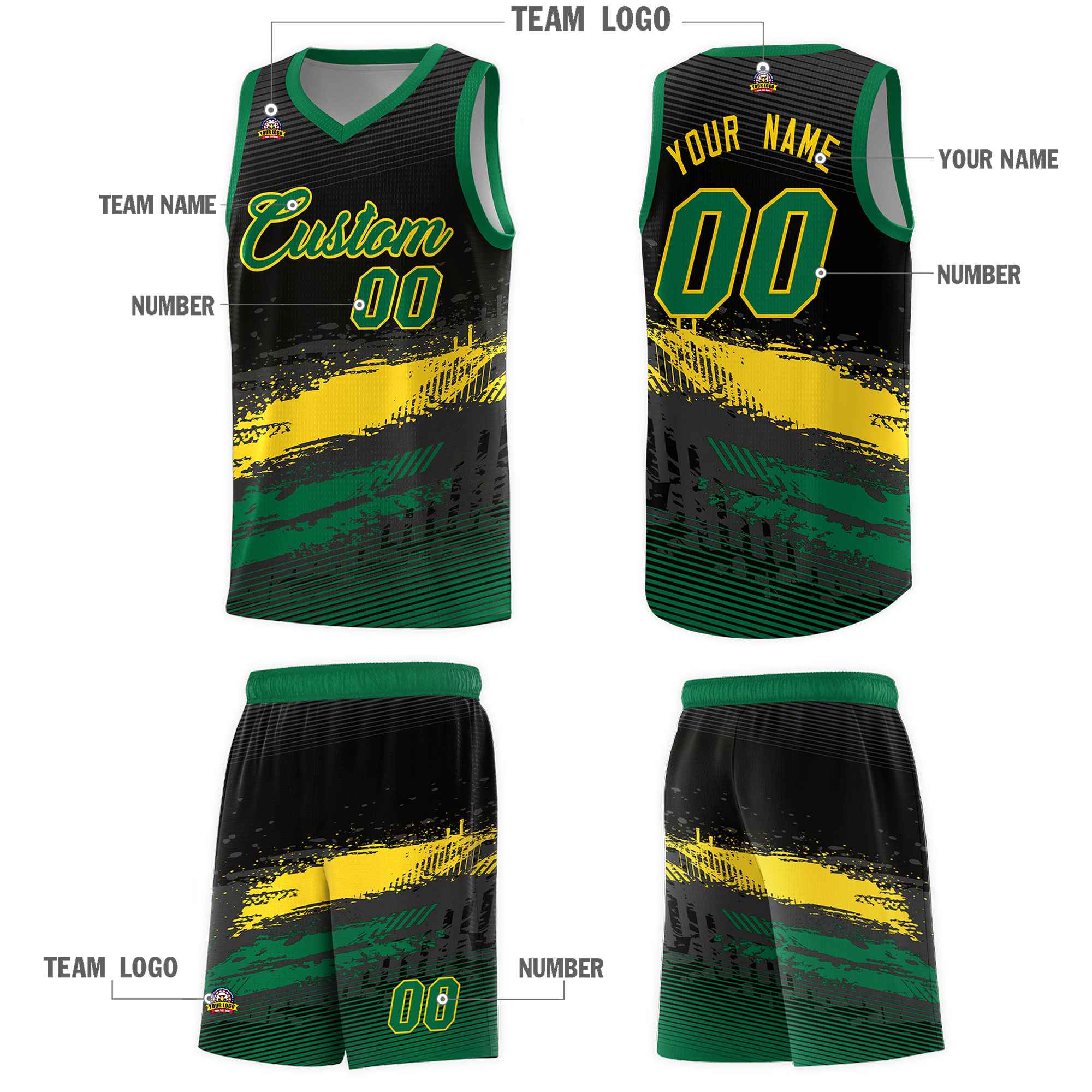 Custom Black Yellow and Kelly Green Graffiti Pattern Sports Uniform Basketball Jersey