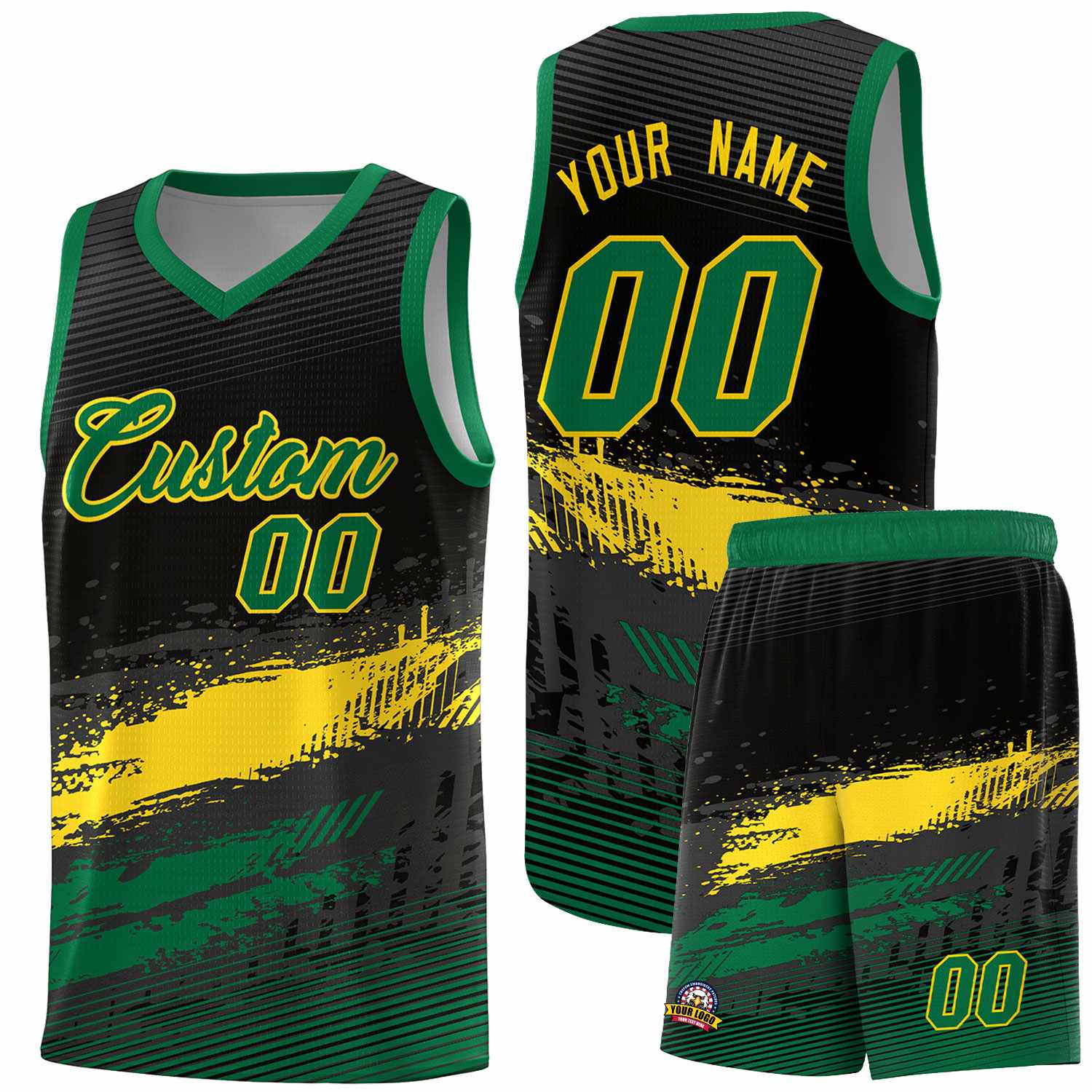 Custom Black Yellow and Kelly Green Graffiti Pattern Sports Uniform Basketball Jersey