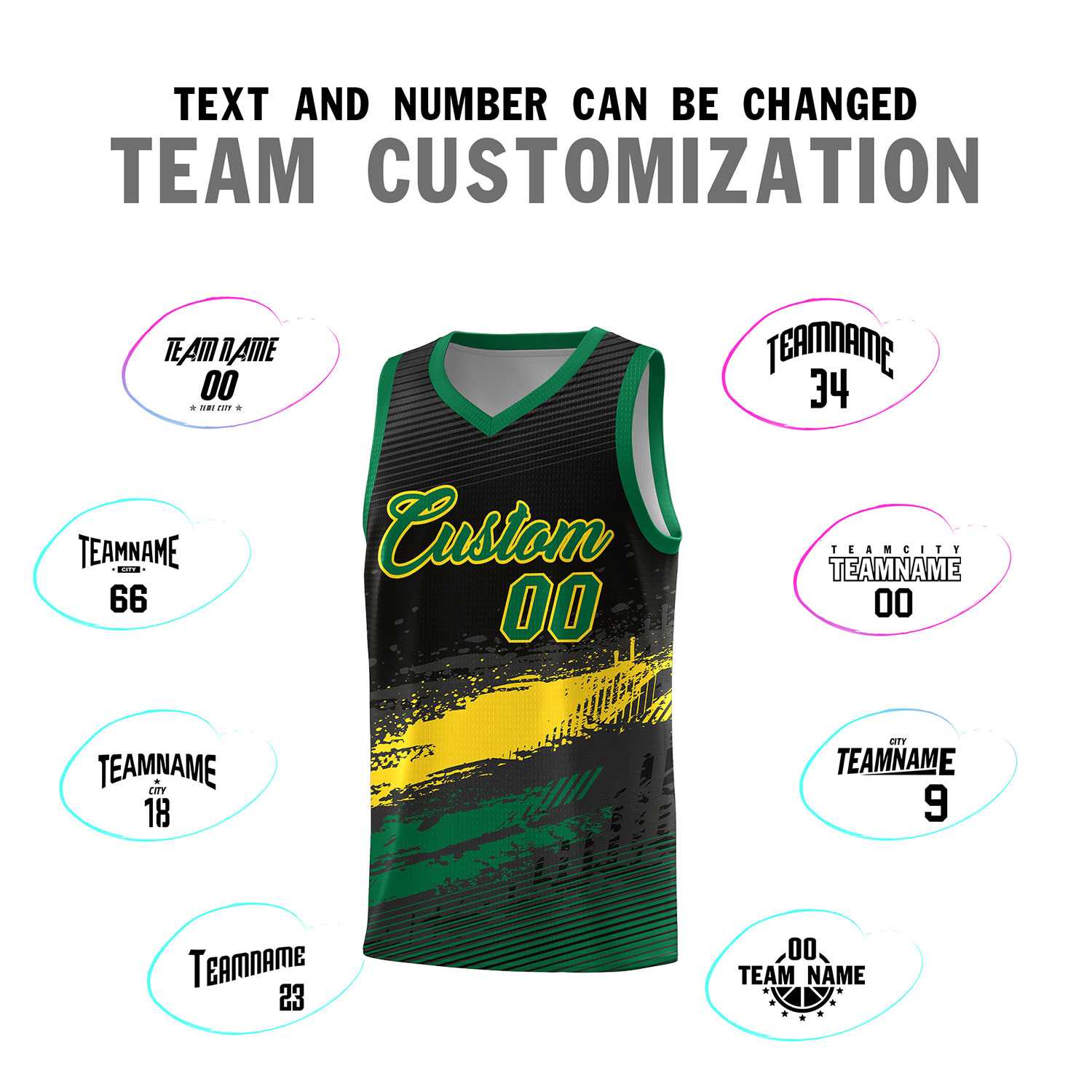 Custom Black Yellow and Kelly Green Graffiti Pattern Sports Uniform Basketball Jersey