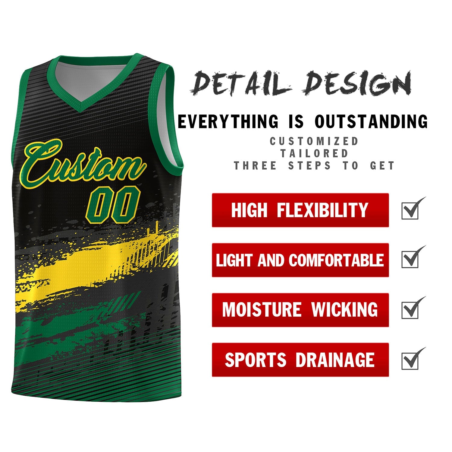 Custom Black Yellow and Kelly Green Graffiti Pattern Sports Uniform Basketball Jersey