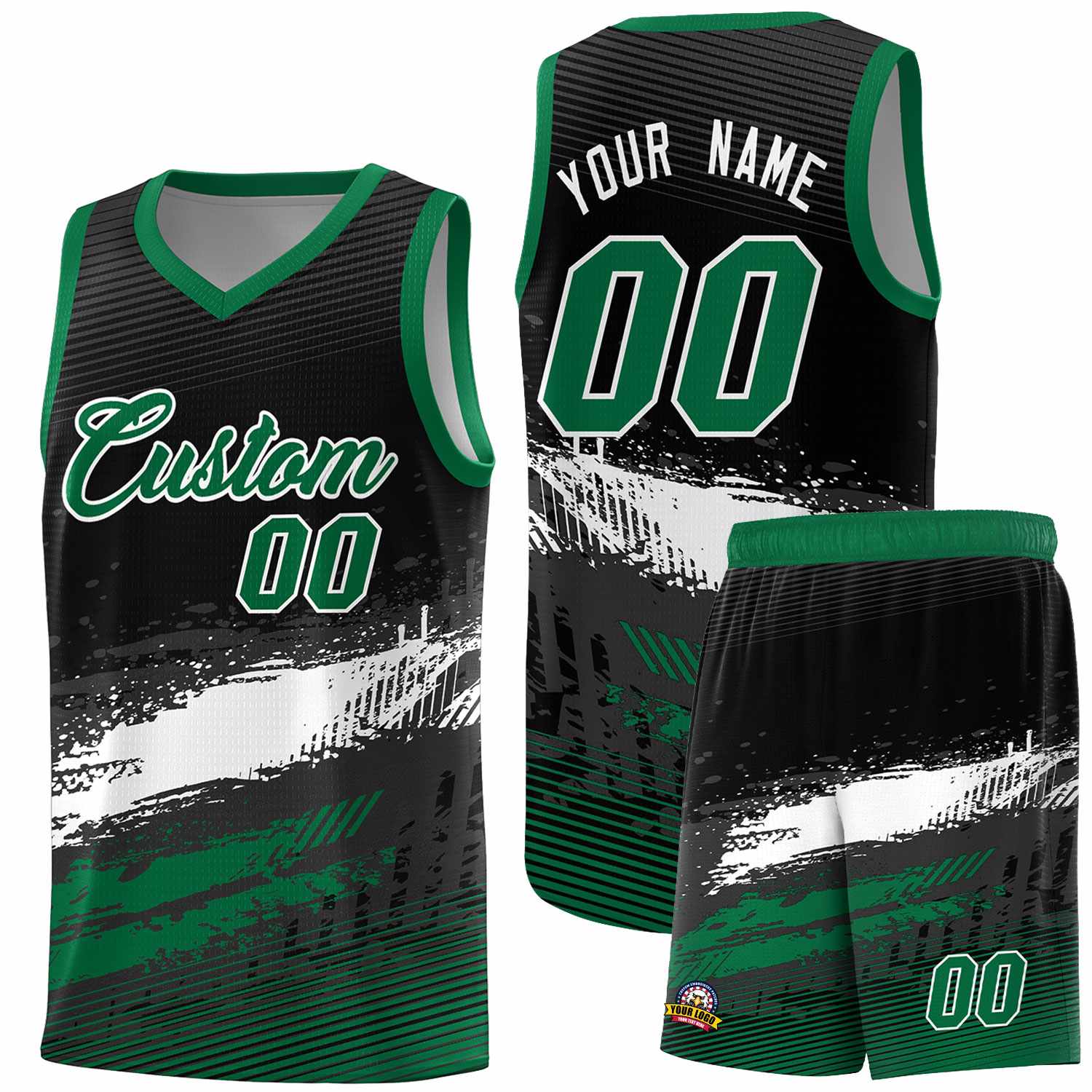 Custom Black White and Kelly Green Graffiti Pattern Sports Uniform Basketball Jersey