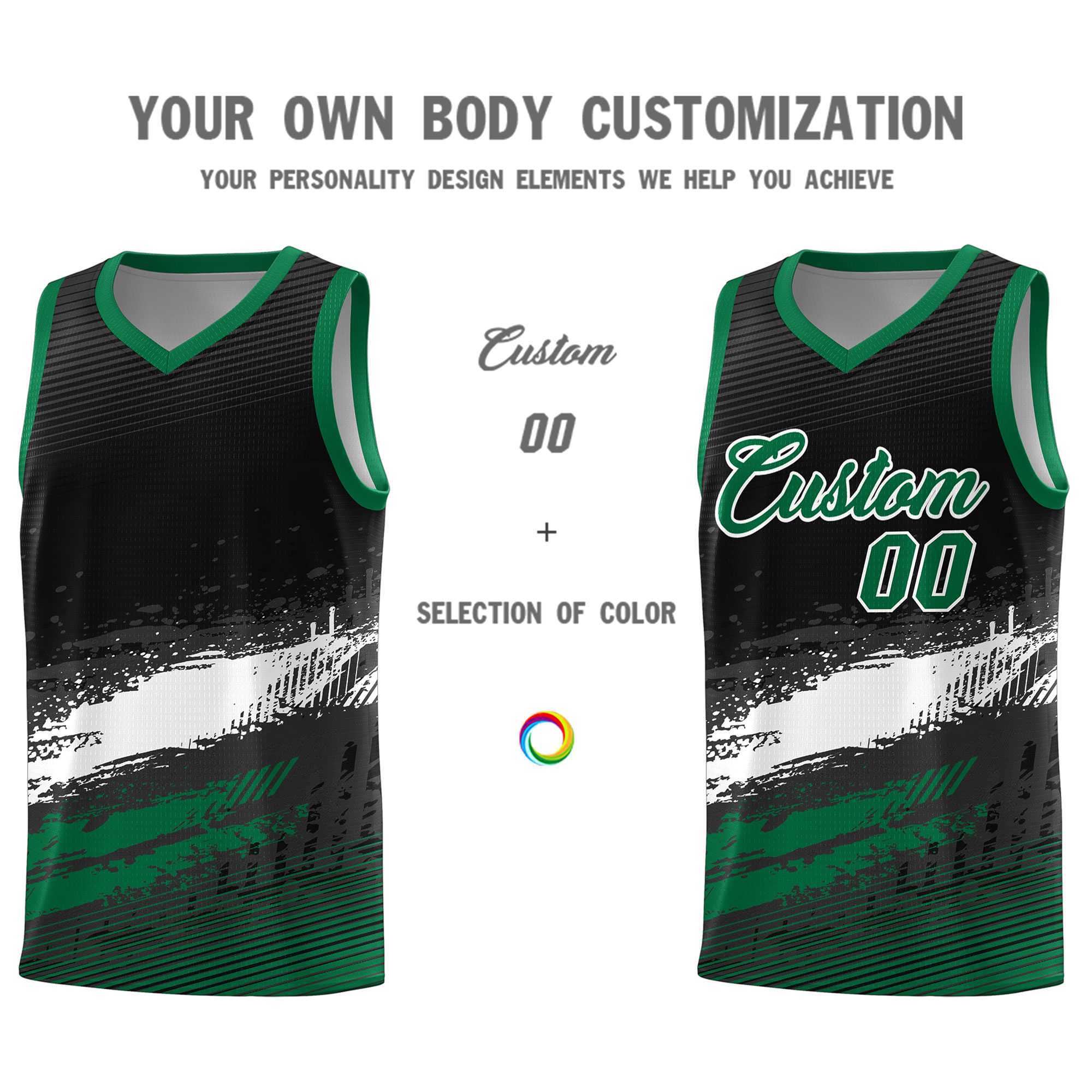 Custom Black White and Kelly Green Graffiti Pattern Sports Uniform Basketball Jersey