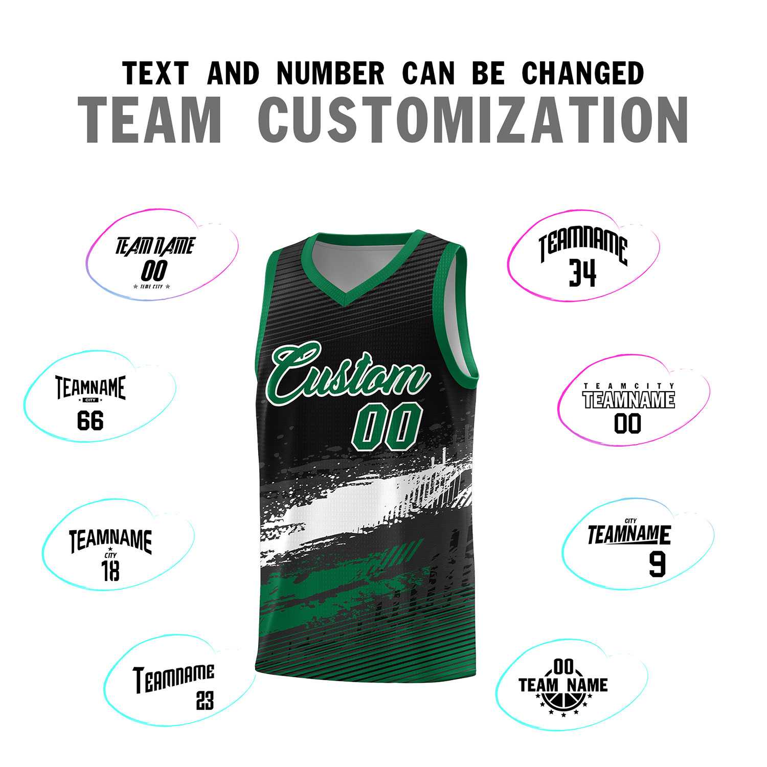 Custom Black White and Kelly Green Graffiti Pattern Sports Uniform Basketball Jersey