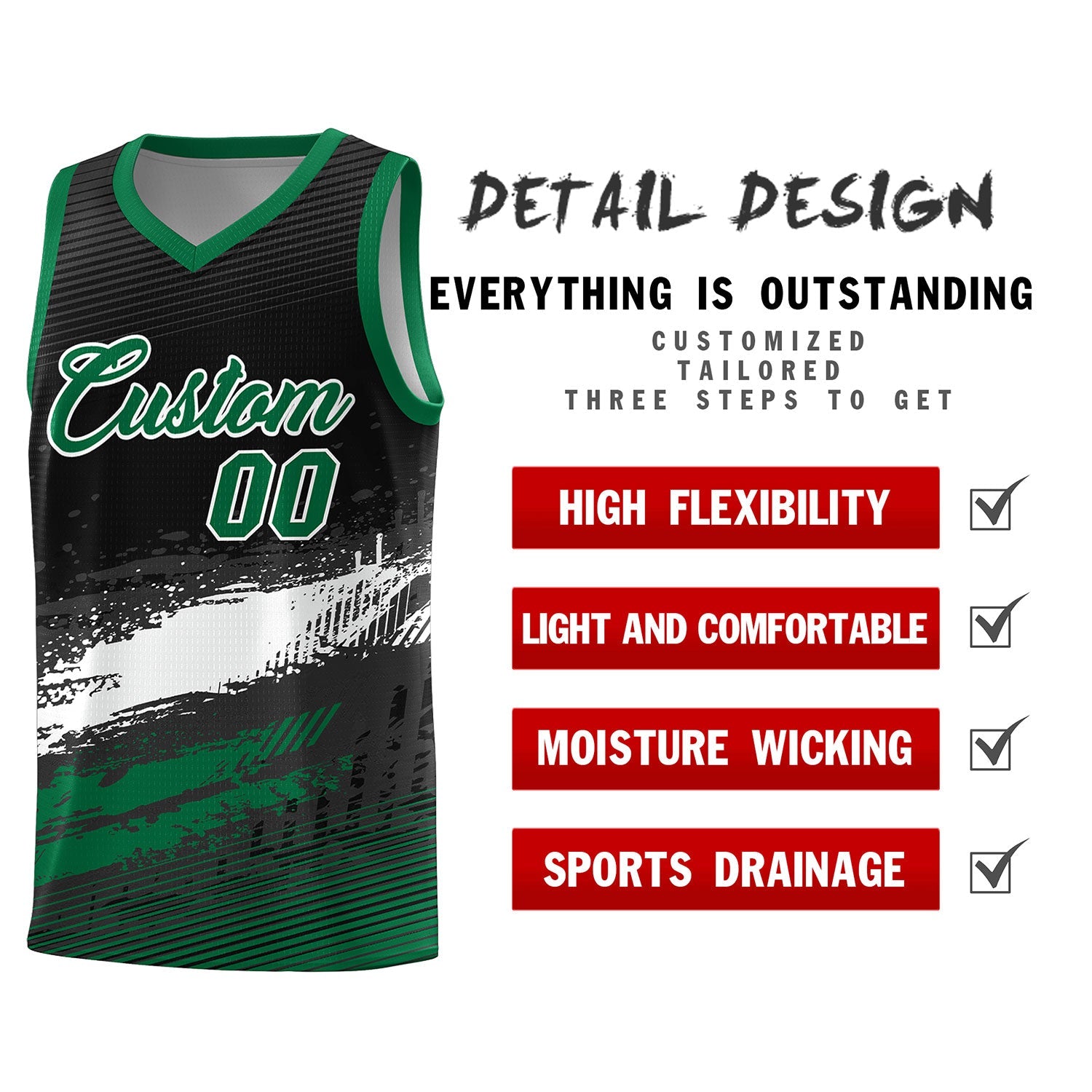 Custom Black White and Kelly Green Graffiti Pattern Sports Uniform Basketball Jersey