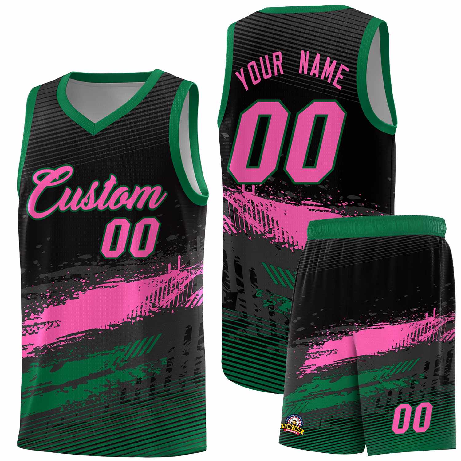 Custom Black Pink and Kelly Green Graffiti Pattern Sports Uniform Basketball Jersey