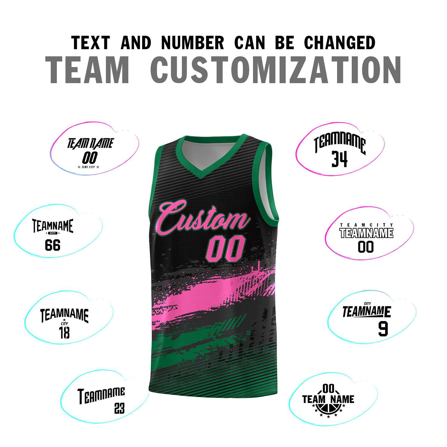 Custom Black Pink and Kelly Green Graffiti Pattern Sports Uniform Basketball Jersey