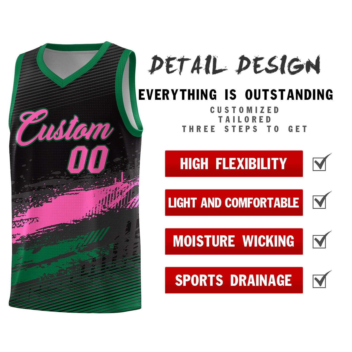 Custom Black Pink and Kelly Green Graffiti Pattern Sports Uniform Basketball Jersey