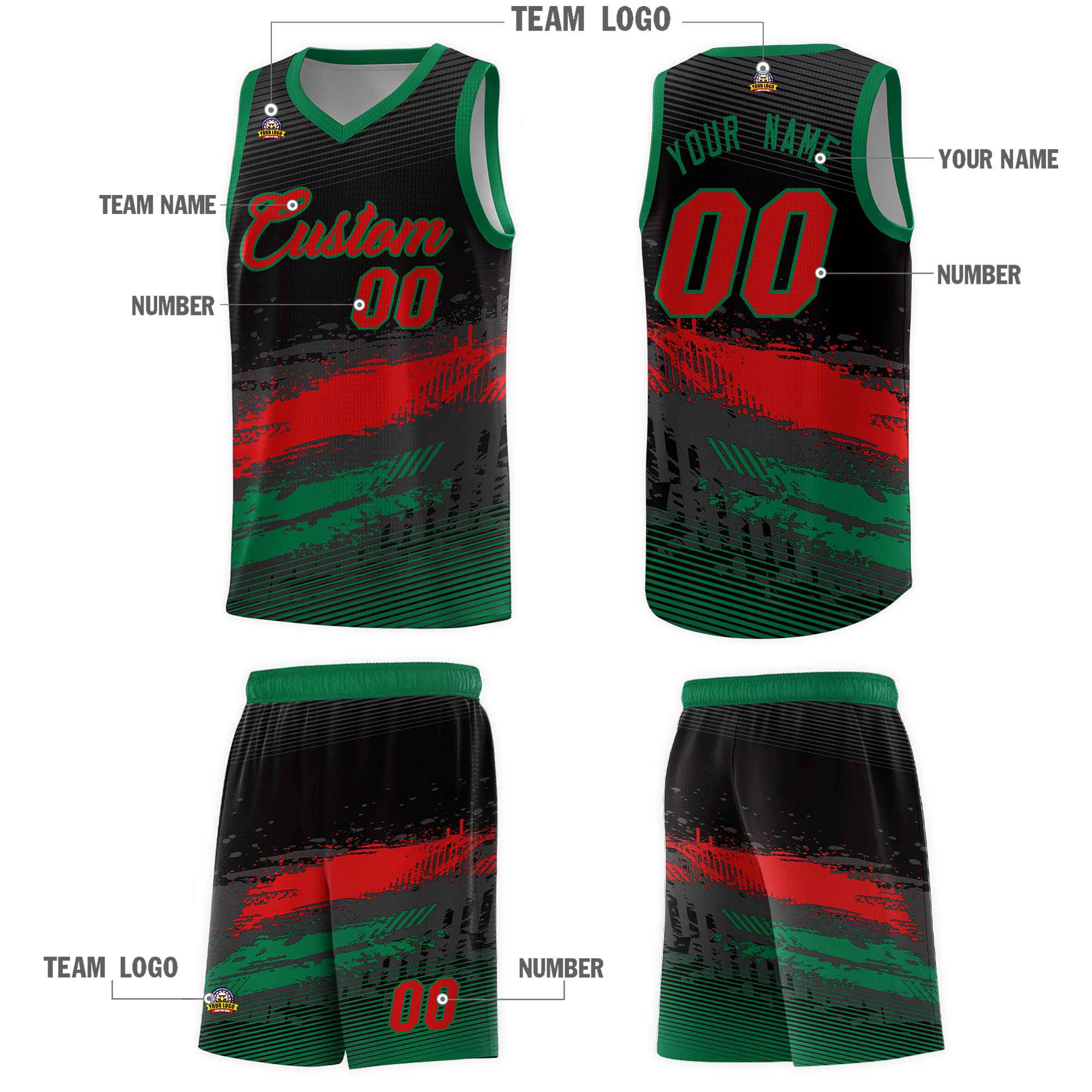 Custom Black Red and Kelly Green Graffiti Pattern Sports Uniform Basketball Jersey