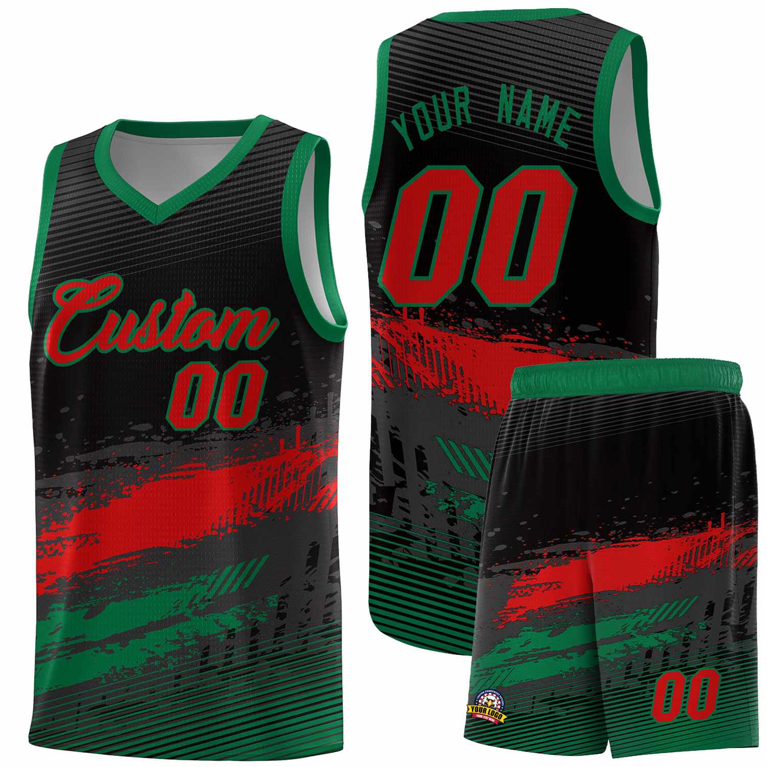 Custom Black Red and Kelly Green Graffiti Pattern Sports Uniform Basketball Jersey