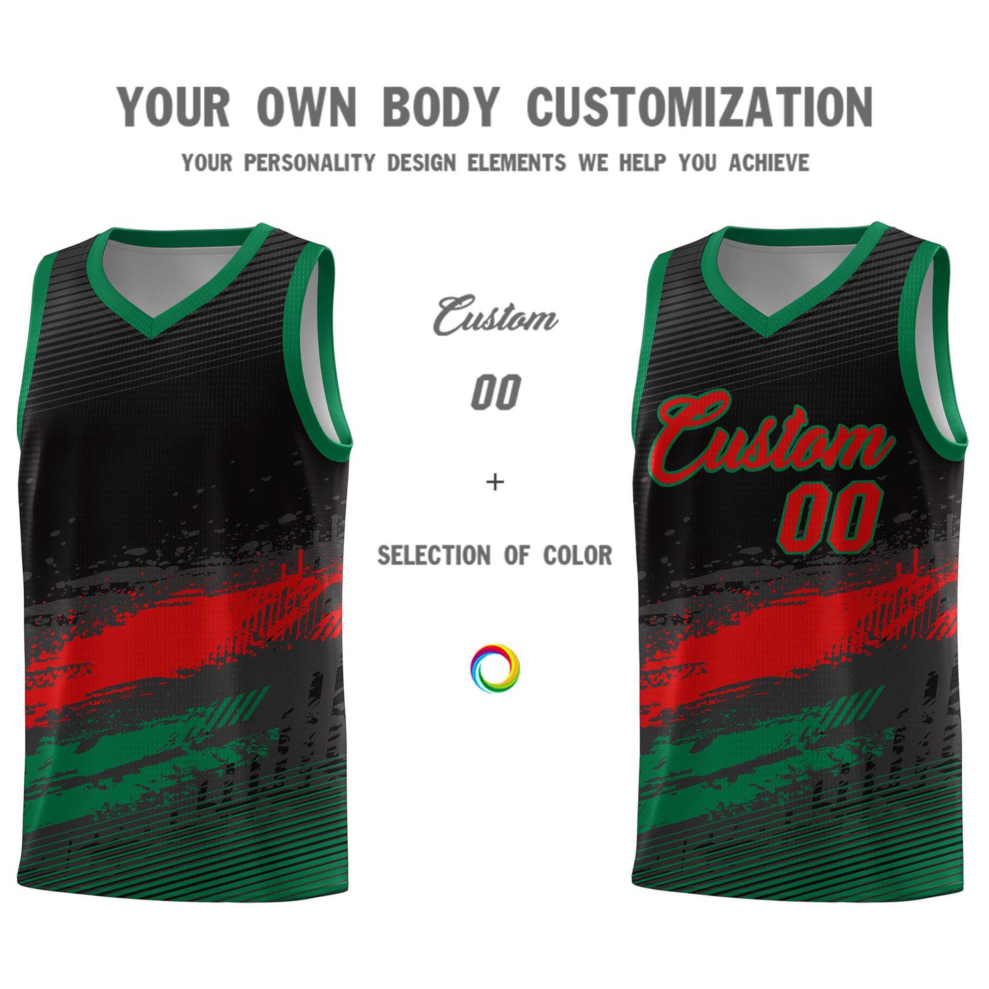 Custom Black Red and Kelly Green Graffiti Pattern Sports Uniform Basketball Jersey