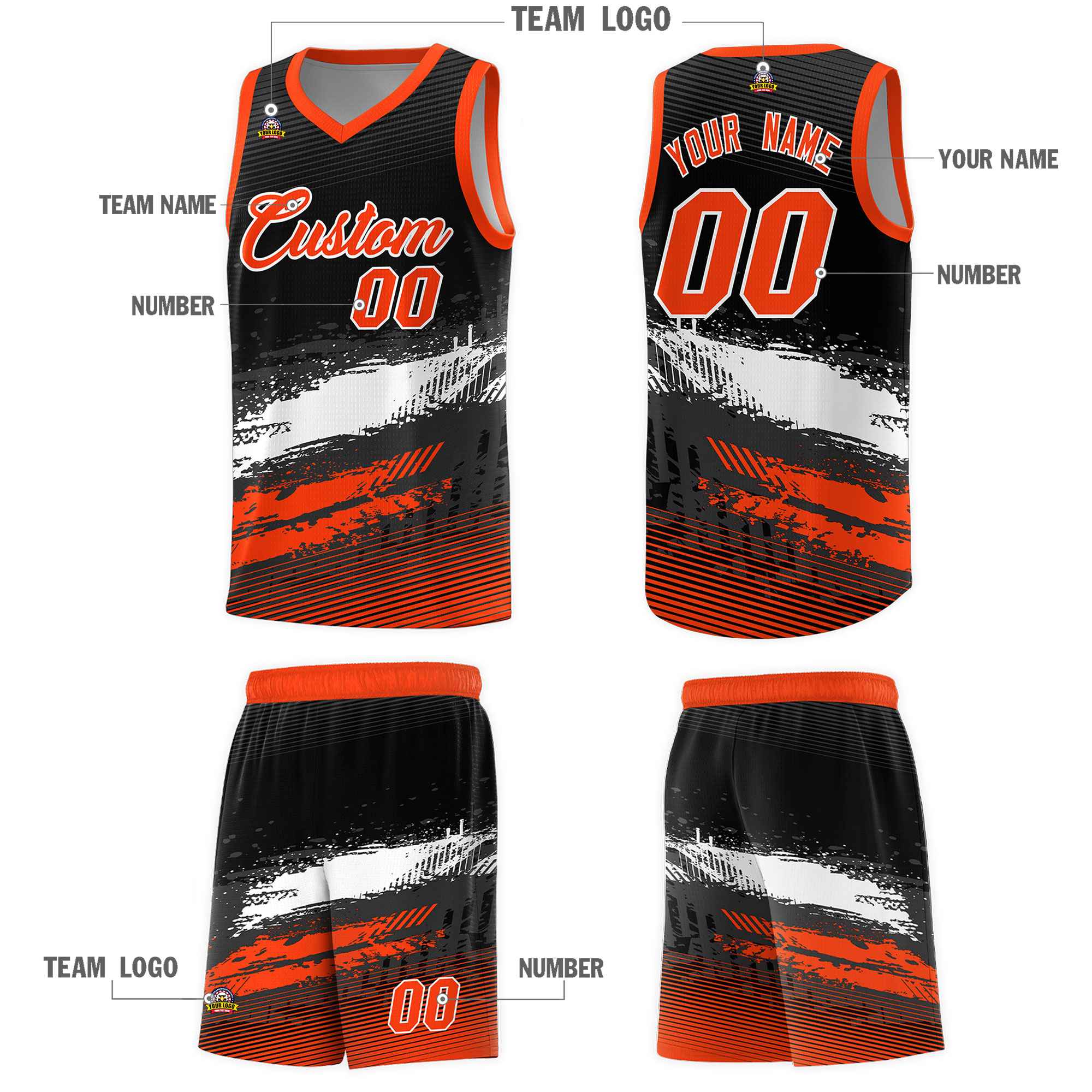 Custom Black White and Orange Graffiti Pattern Sports Uniform Basketball Jersey