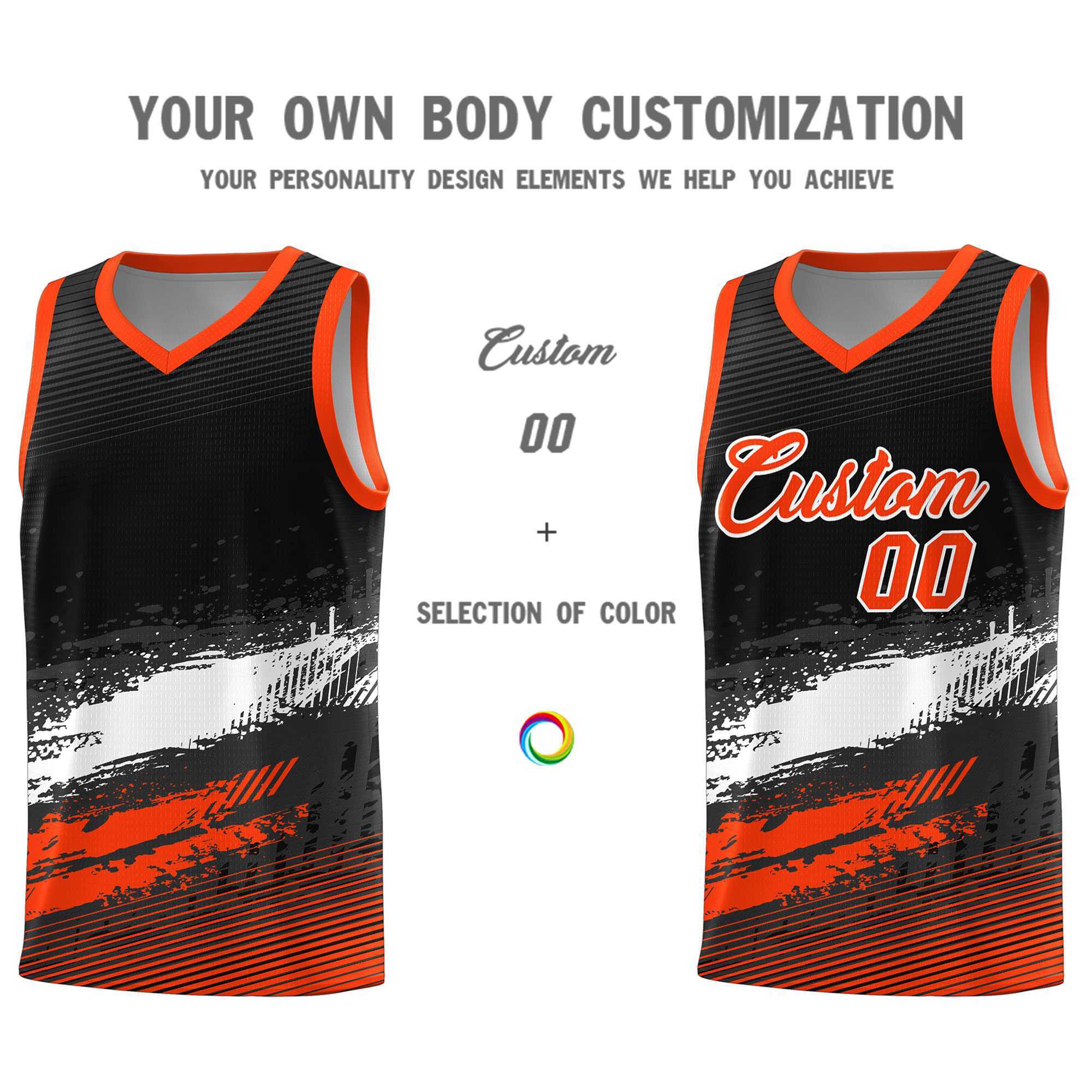 Custom Black White and Orange Graffiti Pattern Sports Uniform Basketball Jersey